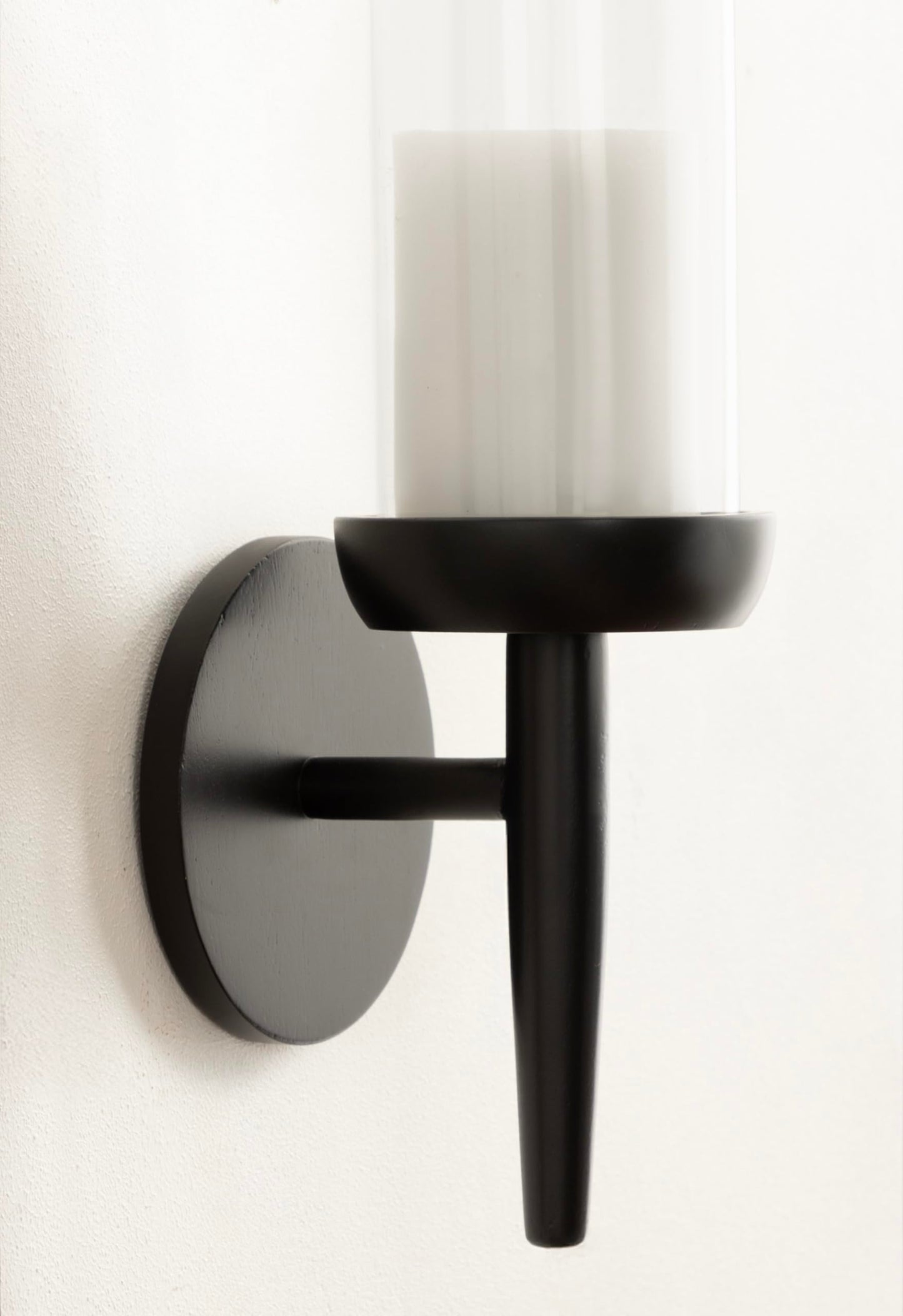 Kate and Laurel Shae Transitional Wooden Wall Sconce; 5 x 5 x 13; Black; Modern Candle Holder with Removable Glass Cylinder for Flameless Pillar Candles in Bedroom or Entryway