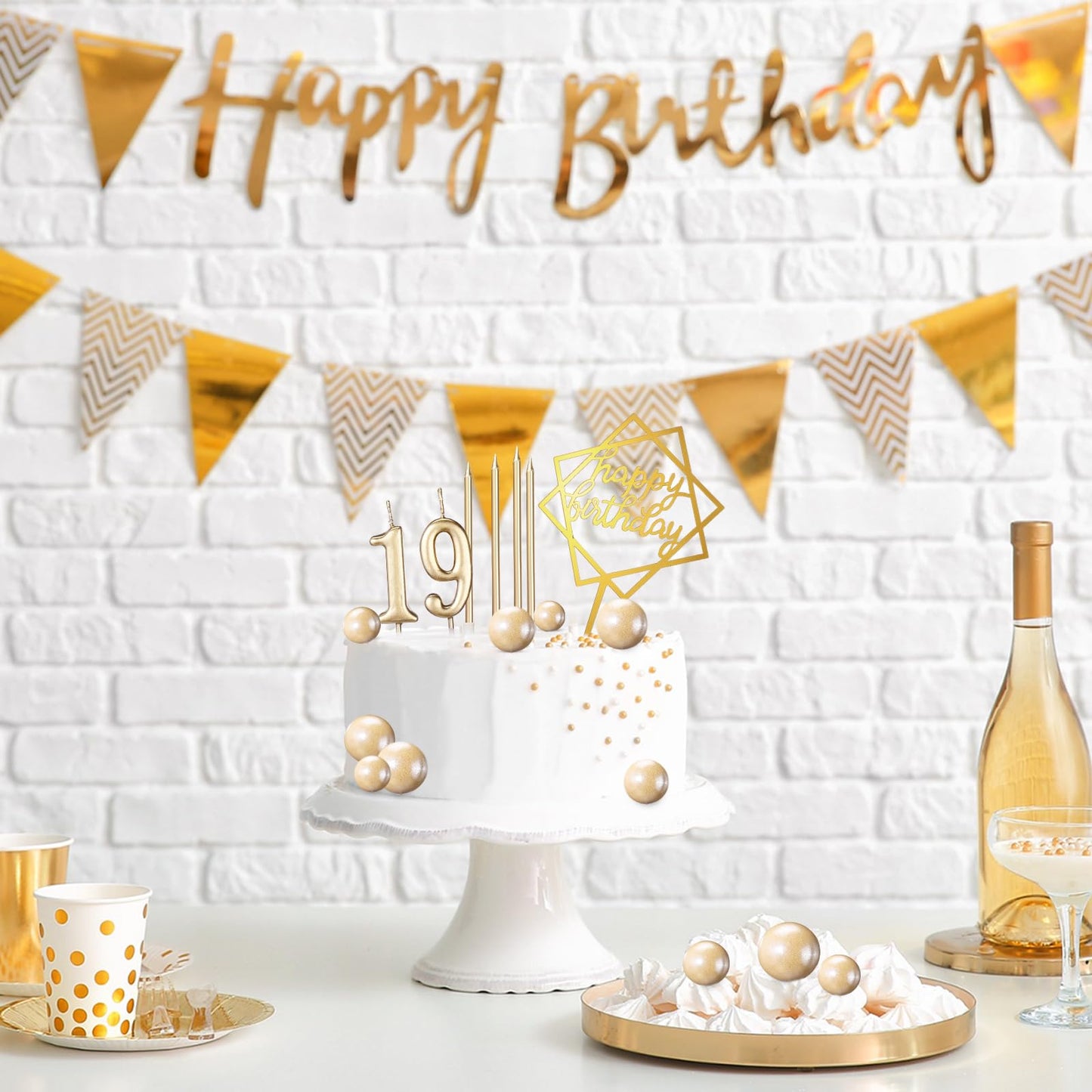 Yerliker 34 Pcs Happy Birthday Cake Toppers Decorations Birthday Candles DIY Cake Decor for Men Women Wedding Anniversary(Champagne)