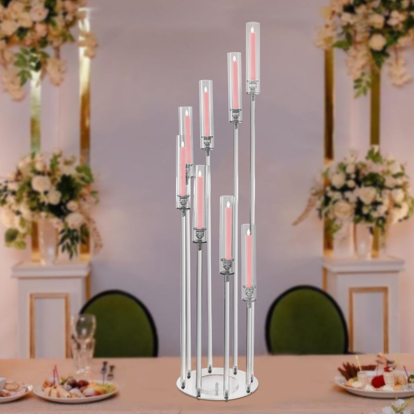 8-Head Candle Holder, Table Candelabra with 8 Arms Centerpieces Decorations, Acrylic Clear Candle Holder, for Weddings, Birthdays, Christmas, Halloween, Party Event, Centerpieces Decorations