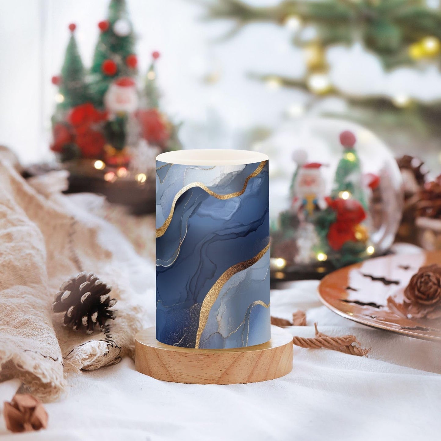 famyily Marble Silver Navy Blue Flameless Flickering Candles Led Flameless Candles with Timer for Table 4" 5" Set of 2