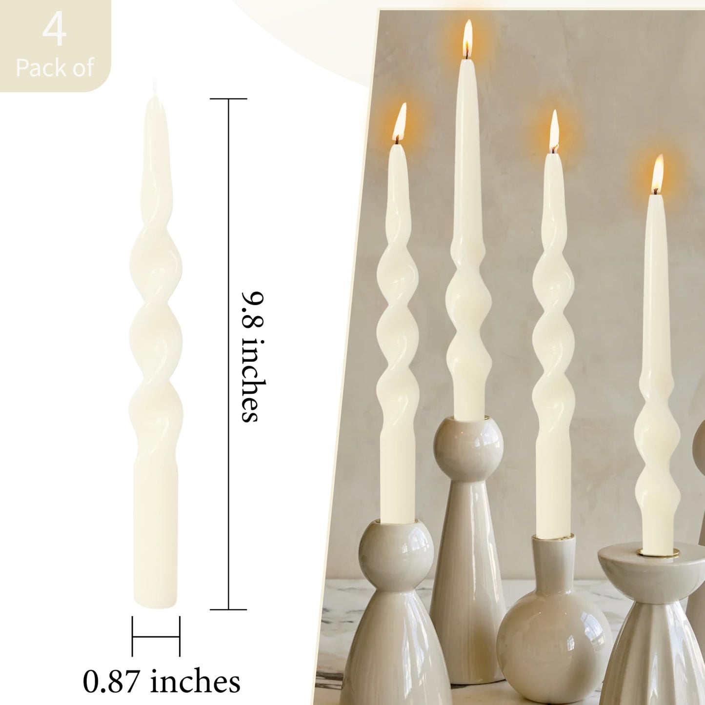 10 Inches Spiral Taper Candles Sticks Ivory Twisted Candle Dripless Unscented Long Candles Handmade Candlesticks for Wedding Dinner Holiday Decor, Set of 4