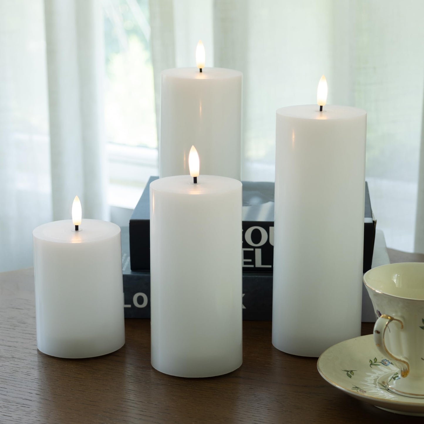 AFINETH White Flameless Pillar Candles, Battery Operated Wax Candles with Remote, Flat Top Flickering Flameless Candles, LED Candle for Home, Wedding, Party Decor, Set of 4, Φ 3" H 4" 5" 6" 8"