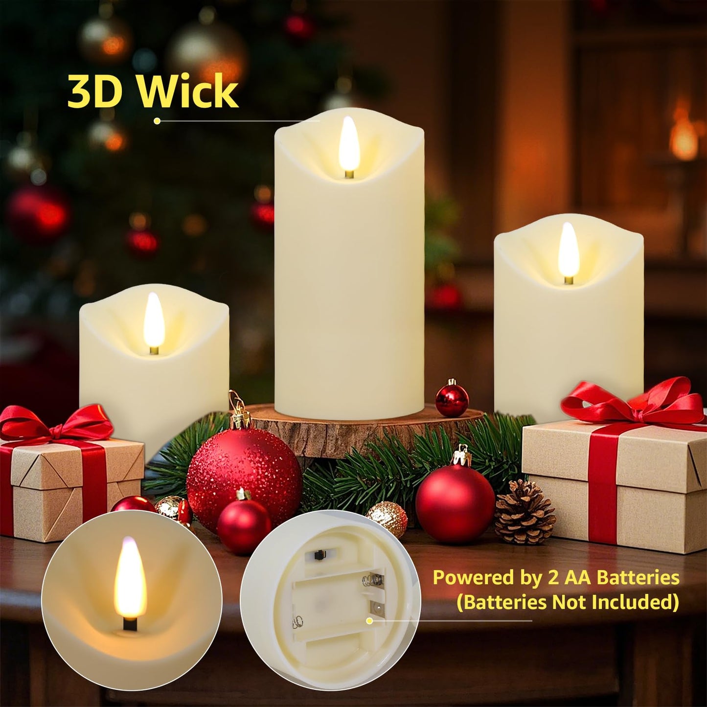 uuffoo Flameless Candles with Timer 3Pc Battery Operated Flickering Pillar Candle w/Remote, 3D Wick Acrylic LED Pillar Candles for Halloween Christmas Home Decoration (Ivory)