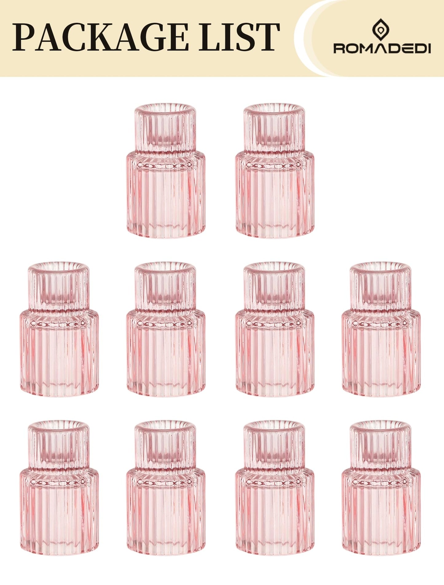Romadedi Pink Glass Candle Holders - 10 Pcs Ribbed Candlestick Holder Bulk for Table Centerpiece Elegant Taper Holder for Wedding Birthday Party Baby Showers Valentines Mother's Day Christmas