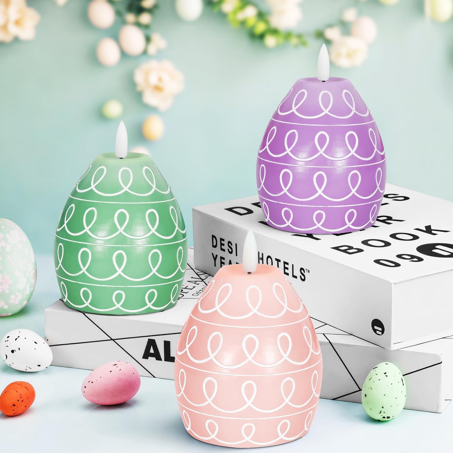 Leorate 3PCS Easter Egg Flameless Candles – 5.2" Battery Operated LED Egg Candles with White Wave Pattern, Green Purple Pink Real Wax Finish, Flickering Flame for Easter Table Centerpiece Spring Home