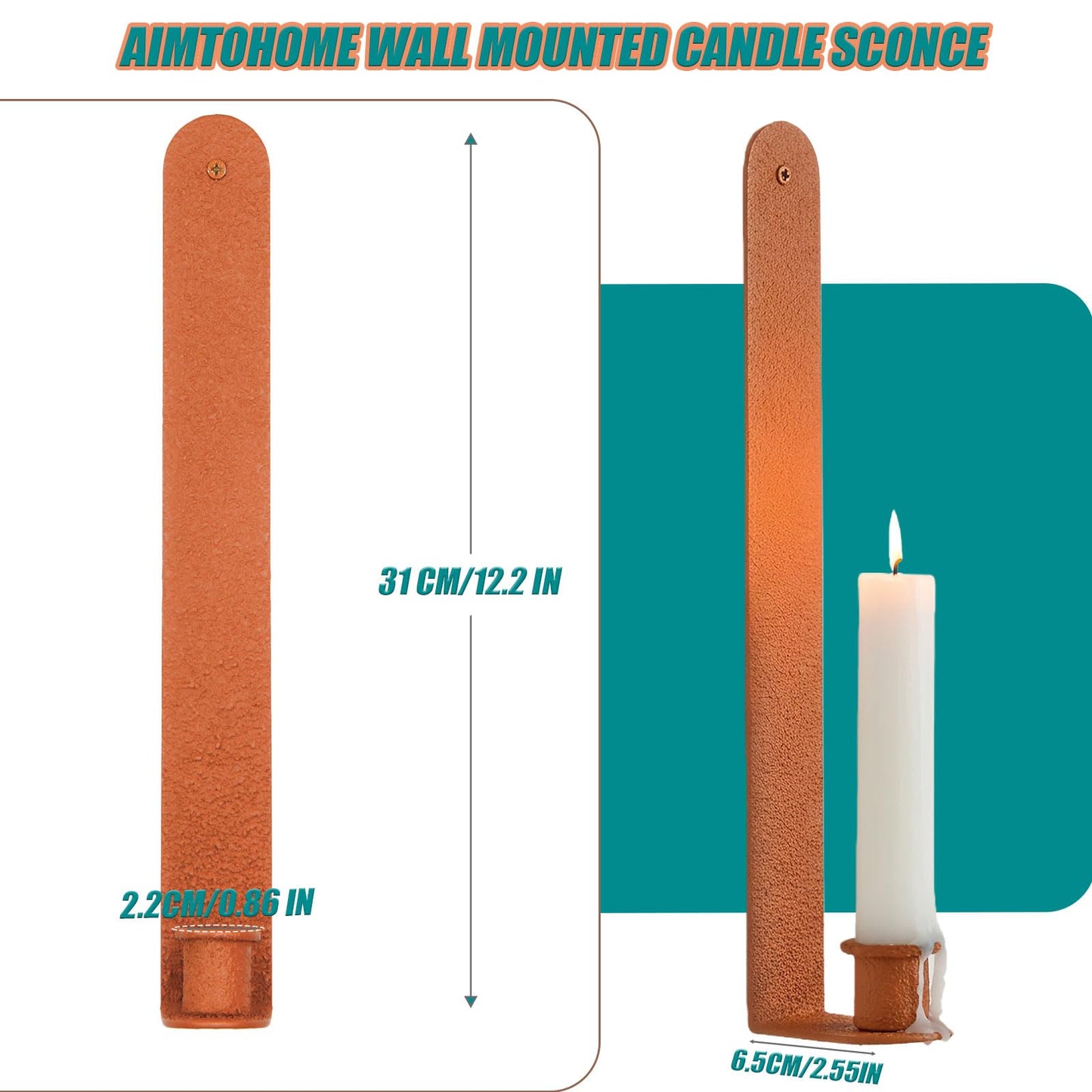 AimtoHome Wall Candle Sconces Set of 2, Classic Iron Farmhouse Holders for Taper Candles, Rustic-Textured Powder-Coated Wall Mounted in Orange for Living Room, Hallway Decor