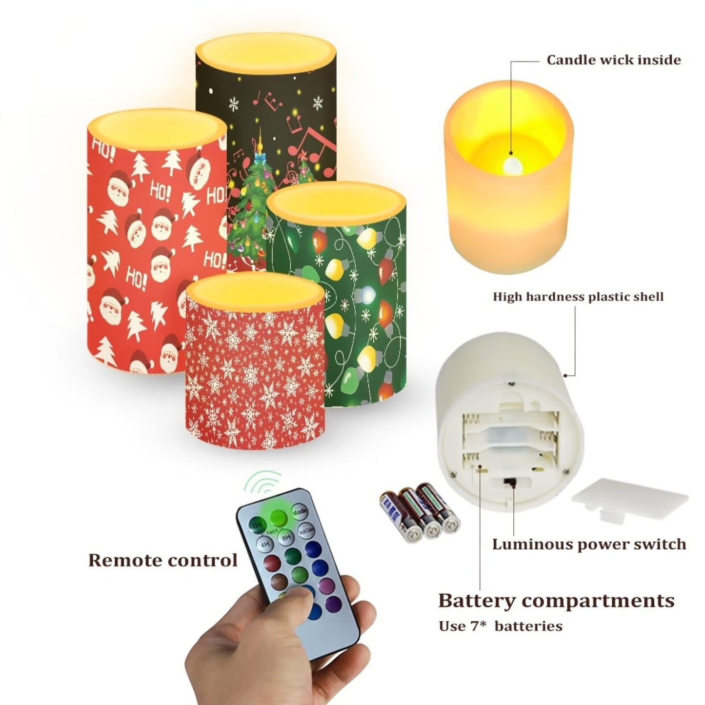 NETILGEN Merry Christmas Decor Flameless Electric LED Pillar Candles with Remote Timer Control Color Changing Long Lasting Tealights Candles Set of 4