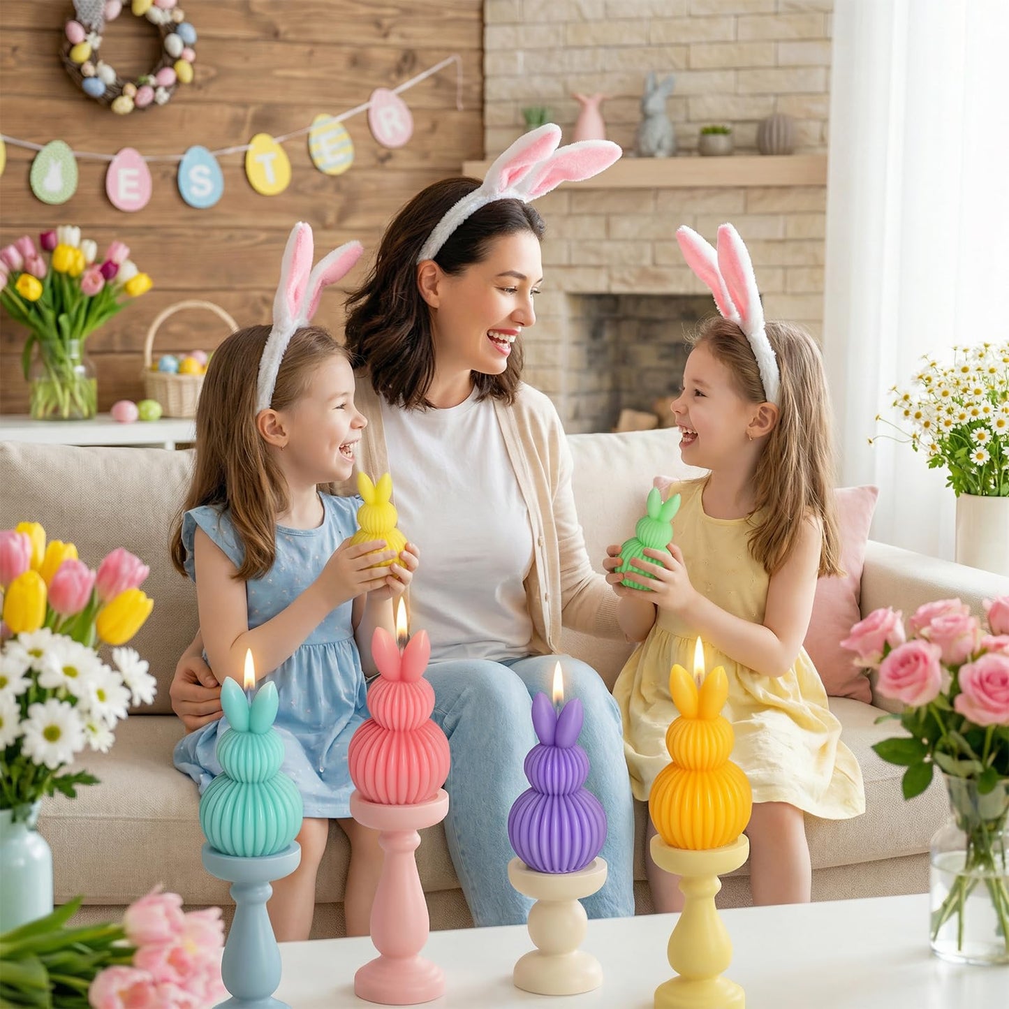 Lanpn 6 Pcs Easter Bunny Candles Gift Set, Mini Rabbit Shaped Votive Tea Lights, Easter Flower & Fruit Scented Candles, Each 2.1 oz, Spring Party Holiday Decor Home Table Centerpiece, Macaron Color
