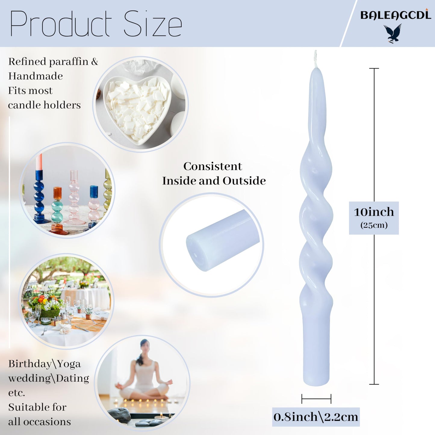 BALEAGCDL Unscented Twisted Taper Candle Gradient Blue Spiral Candlesticks 10 Inch Handmade Smokeless Dinner Long Candles Set for Holiday Wedding Party Gift Home Decoration