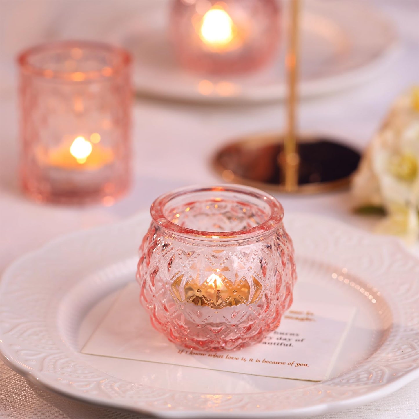 DARJEN Pink Votive Candle Holders Set of 24- Round Glass Candle Holders Bulk for Flameless LED Tea Waxes, Romantic Candle Holder for Wedding & Various Parties, Home Table Decor