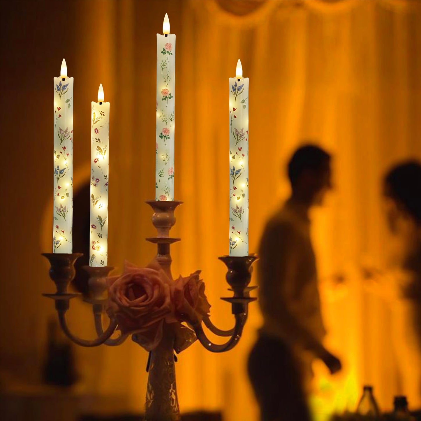 Gedengni Floral Candles Remote Candlesticks-10inches Timer Flickering Battery Operated Candle Chinoiserie LED Taper Candles Lights for Home Wedding Tea Party Windows Decor,3PCS-RFL