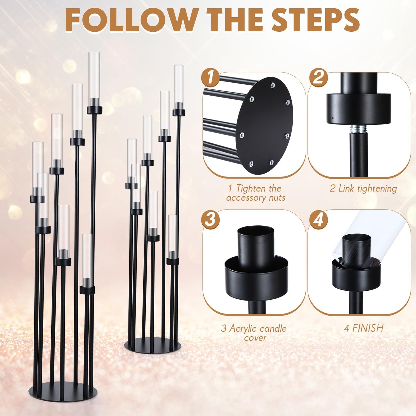 Tiangrid 2 Pcs Acrylic Candelabra Centerpieces 48 Clear Candle Holder 7 Arm Black Pillar Taper Candlesticks with Acrylic Shade Circular Base for Wedding Party Table Decoration Fit 1.18 LED Candle