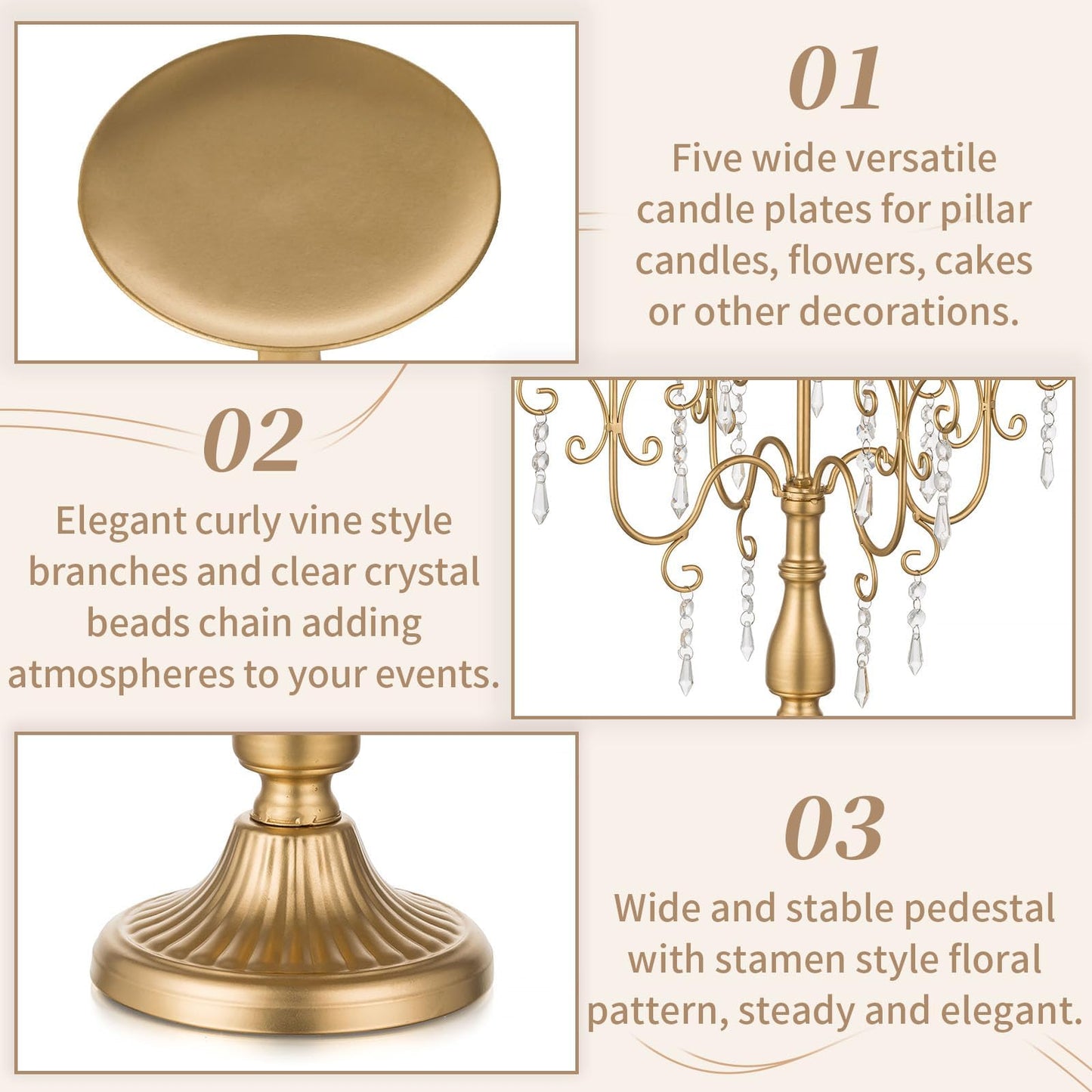 Sziqiqi Candelabra Centerpieces Gold Candle Holder - 5 Arm Pillar Candle Holders with Crystal Beads for Christmas Table Centrepiece Halloween Wedding Candleholders Decoration