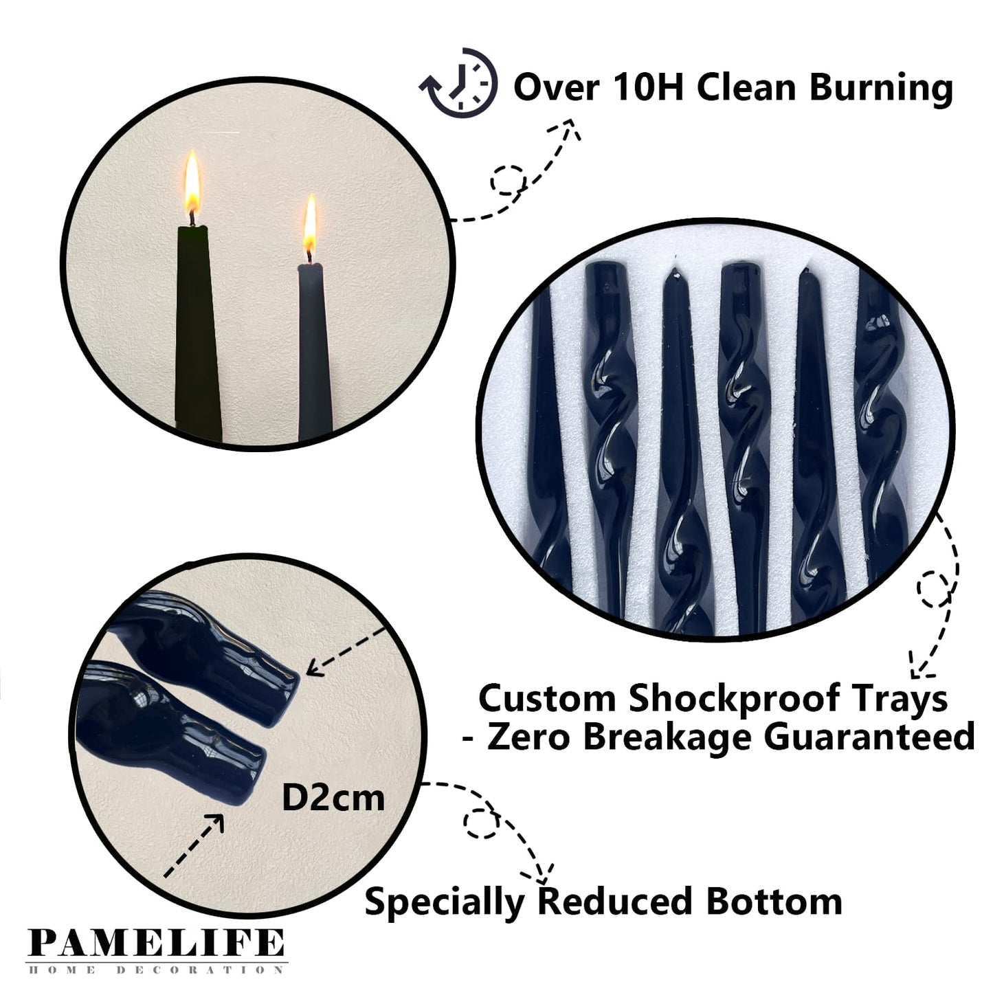 PAMELIFE Spiral Taper Candles - Set of 6 Twisted Candle 9.5 Inch Tall for Home Decoration Holiday Wedding Party (Black)