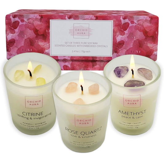 ORCHID AURA Soy Candles with Healing Crystals. Citrine, Rose Quartz, Amethyst Crystal. Eucalyptus + Lemongrass, Jasmine + Sandalwood, Clary Sage + Lavender. 3PC Scented Crystal Candle Set, 2.47oz Each