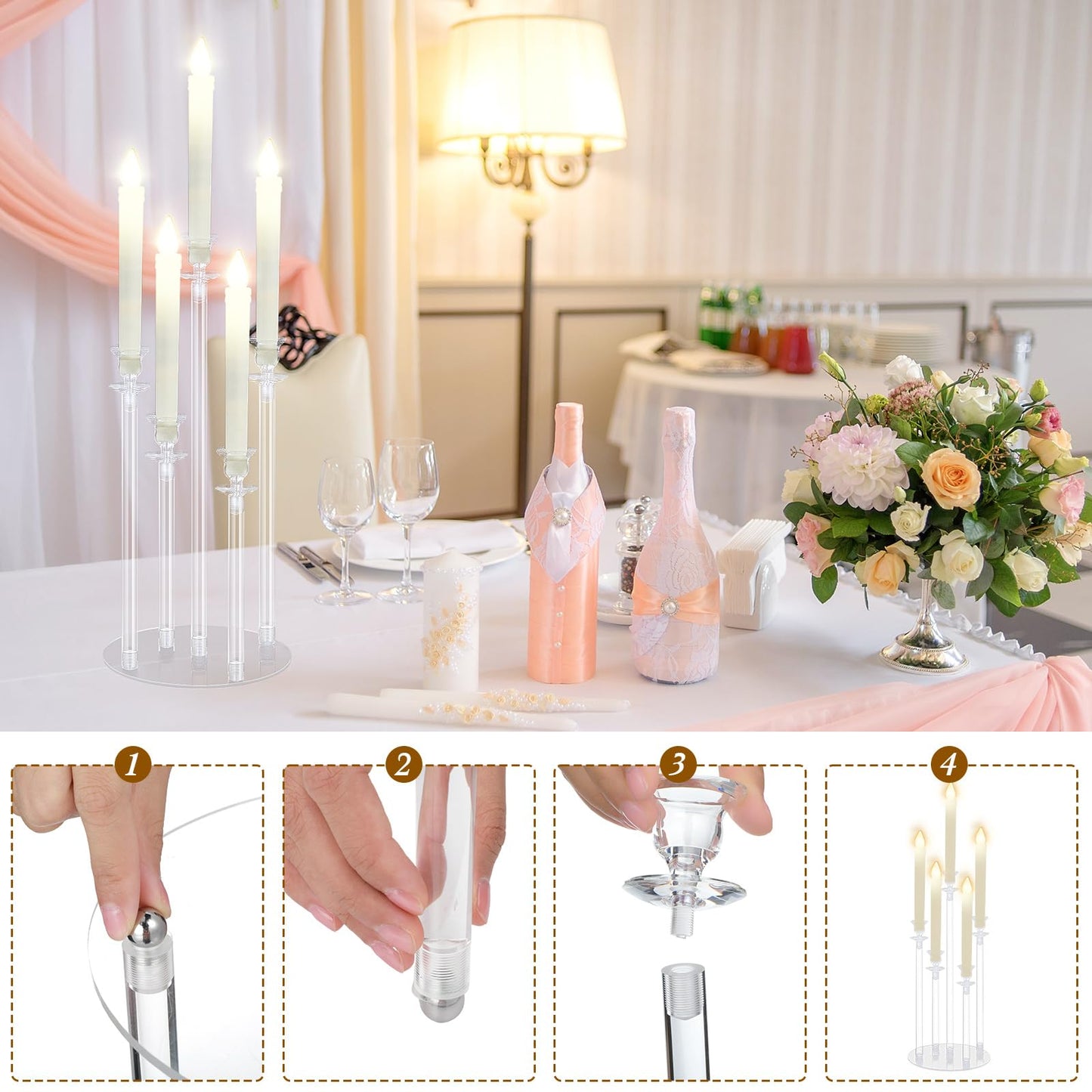 Layhit 4 Sets Acrylic Candelabra Candle Holder 5 Arm Wedding Table Centerpiece 18.1" Tall Acrylic Clear Candle Holder with Base Candlesticks Decoration for Father Day Graduation Party, Fit 0.87'' Led