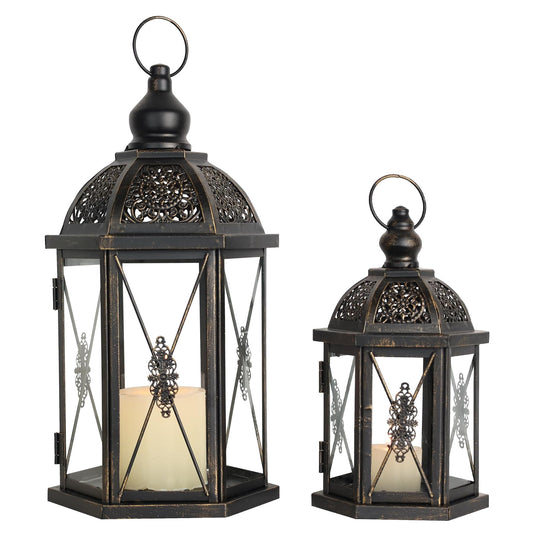 DECORKEY Large Lantern Decorative Outdoor & Indoor, Set of 2 (15’’&10’’) Metal Candle Lanterns Decor, Vintage Hanging Candle Holder for Front Porch Patio Wedding Farmhouse Home, Spring Decoration