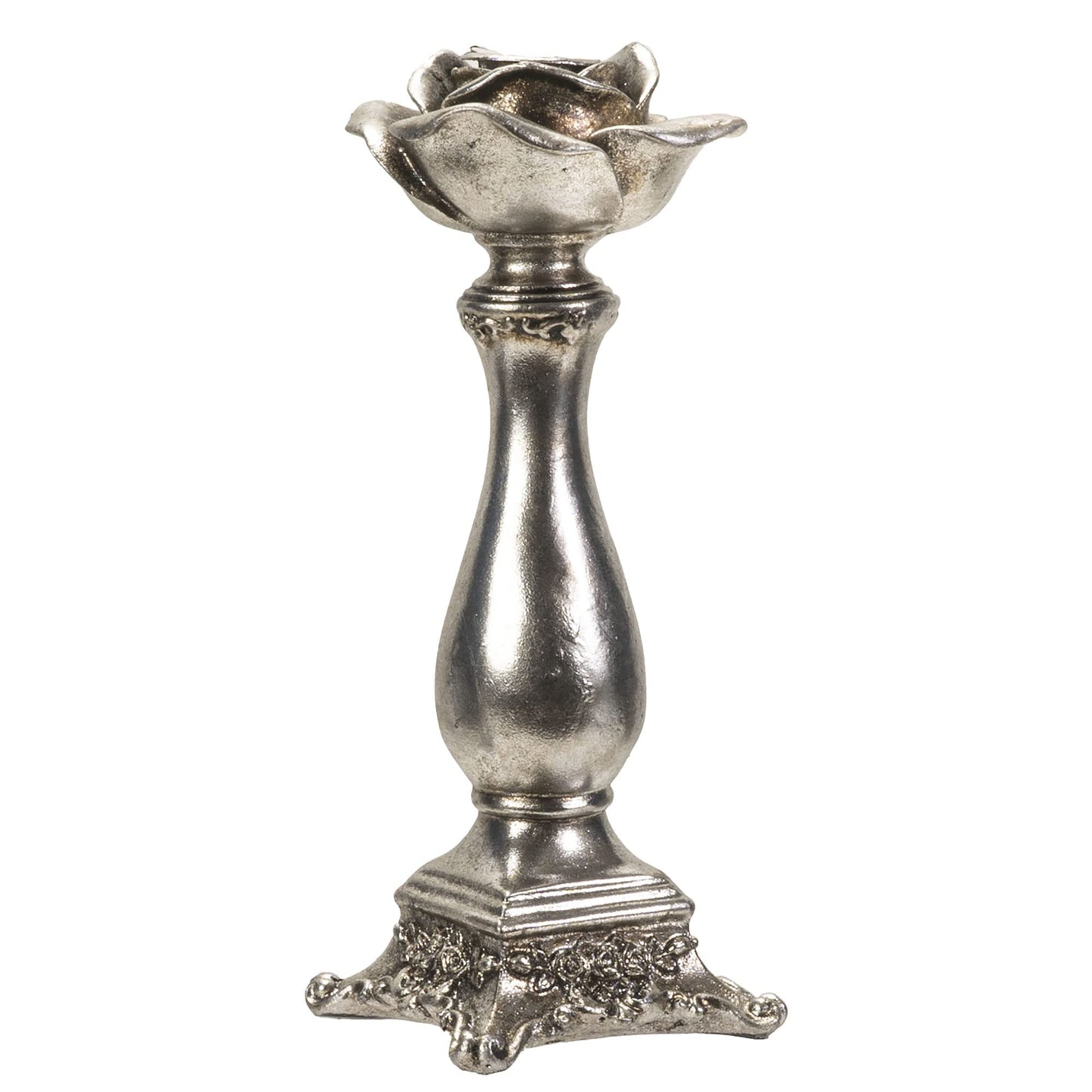 Antique Silver Rose Candle Stick Pillar Holder