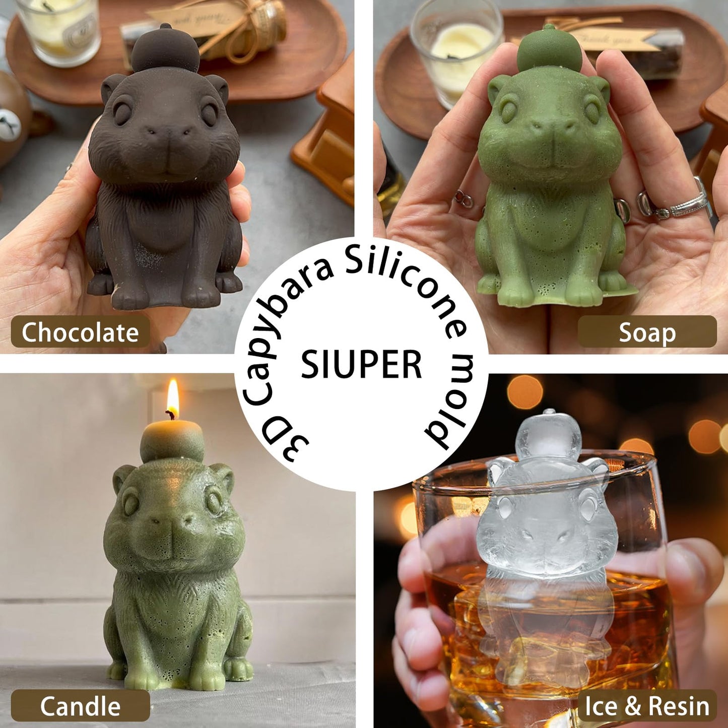 SIUPER 3D Capybara Ice Cube Silicone Molds Tray for Whiskey, Cocktail, Drink, Bar; Rich Details. Fun Animal Mold for Craft Taba Squishy Chocolate Soap Candle Resin Gift for Women Girls Boys; 2 Pack