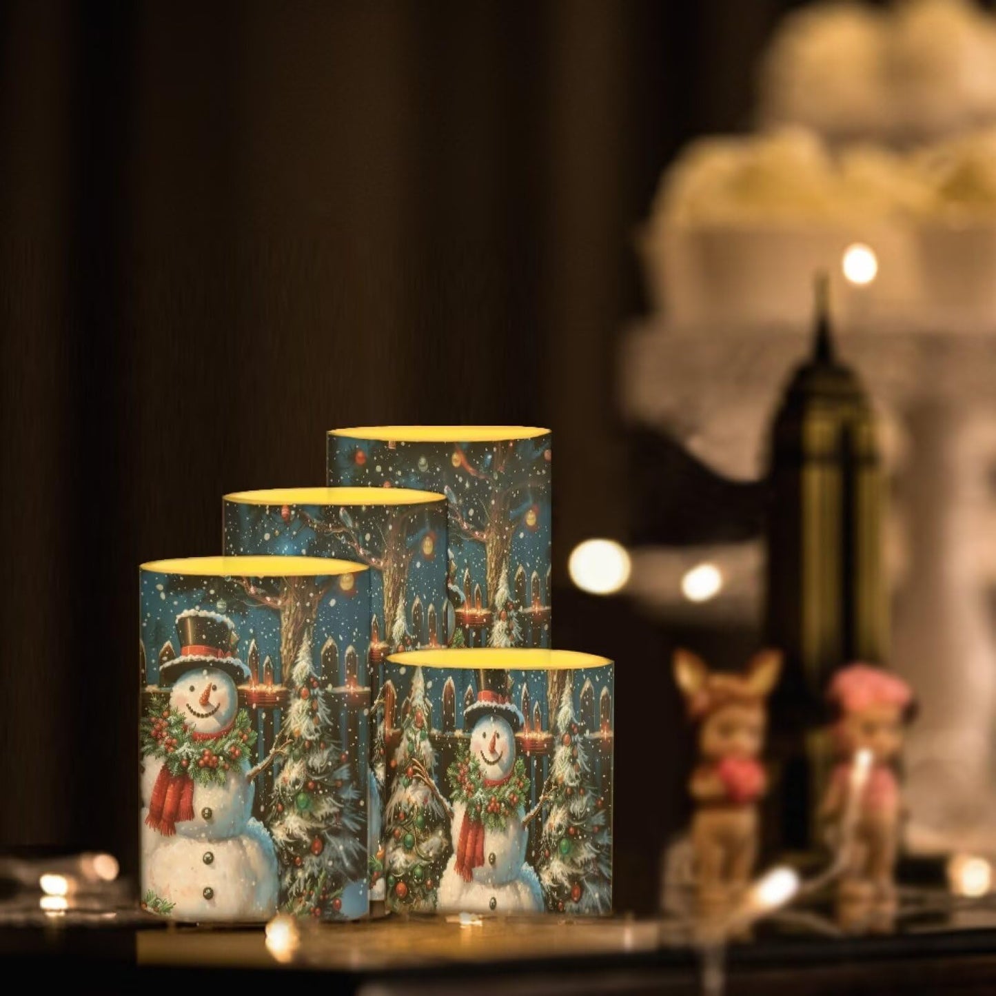NETILGEN 4 Pcs Flameless Electric LED Pillar Candles Lamps with Remote Timer Control Long Lasting for Christmas Snowy Field Cute Snowman Print