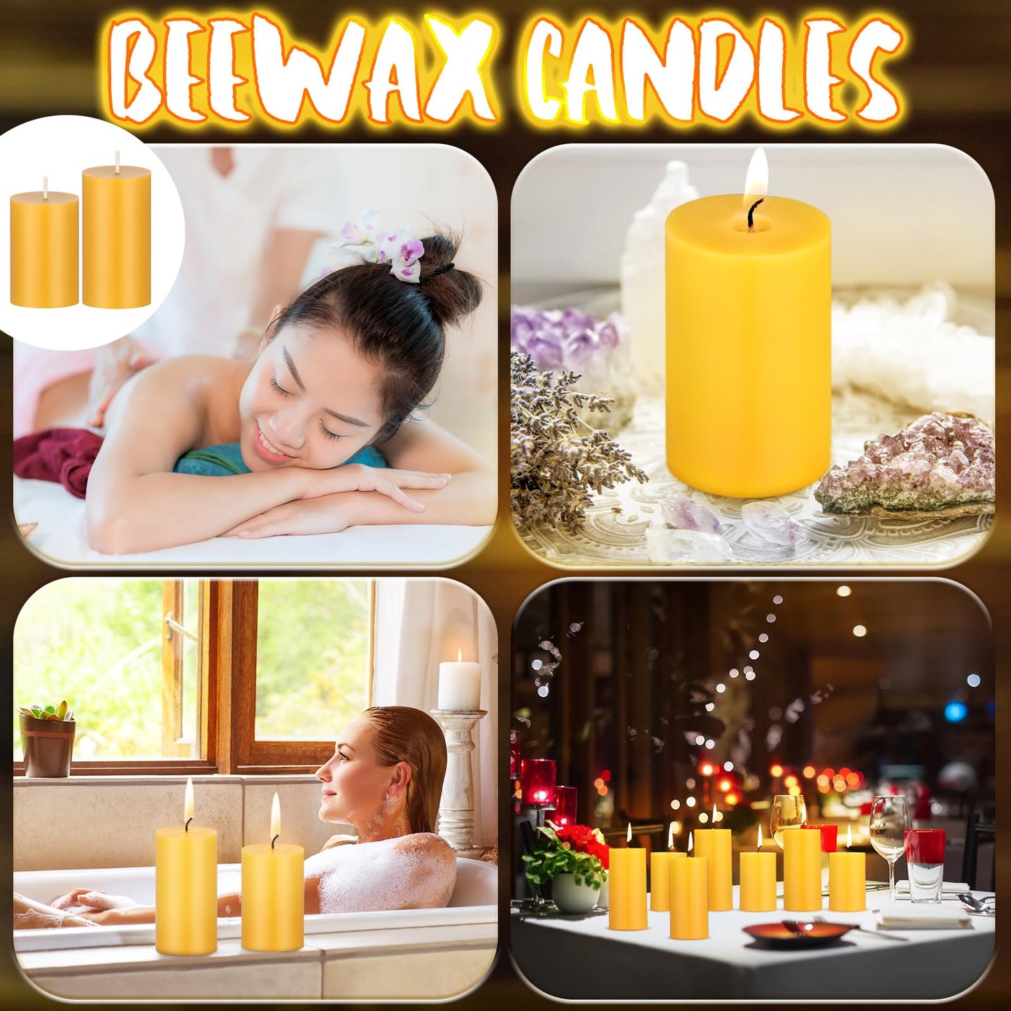 Threlaco 10 Pcs Pure Beeswax Candles Set Natural Unscented Beeswax Pillar Candle 2 x 3 Inch 2 x 4 Inch Smokeless Bees Wax Long Burn Time Scentless Candles for Prayer Room Decoration Home Relax