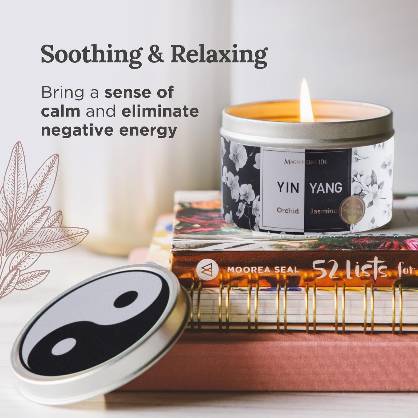 MAGNIFICENT 101 Yin Yang Smudge Candle - 6-Oz Soy Wax Tin - 35-Hr Burn Time & Orchid & Jasmine Scent - Energy Cleansing & Chakra Healing - Gift for Women