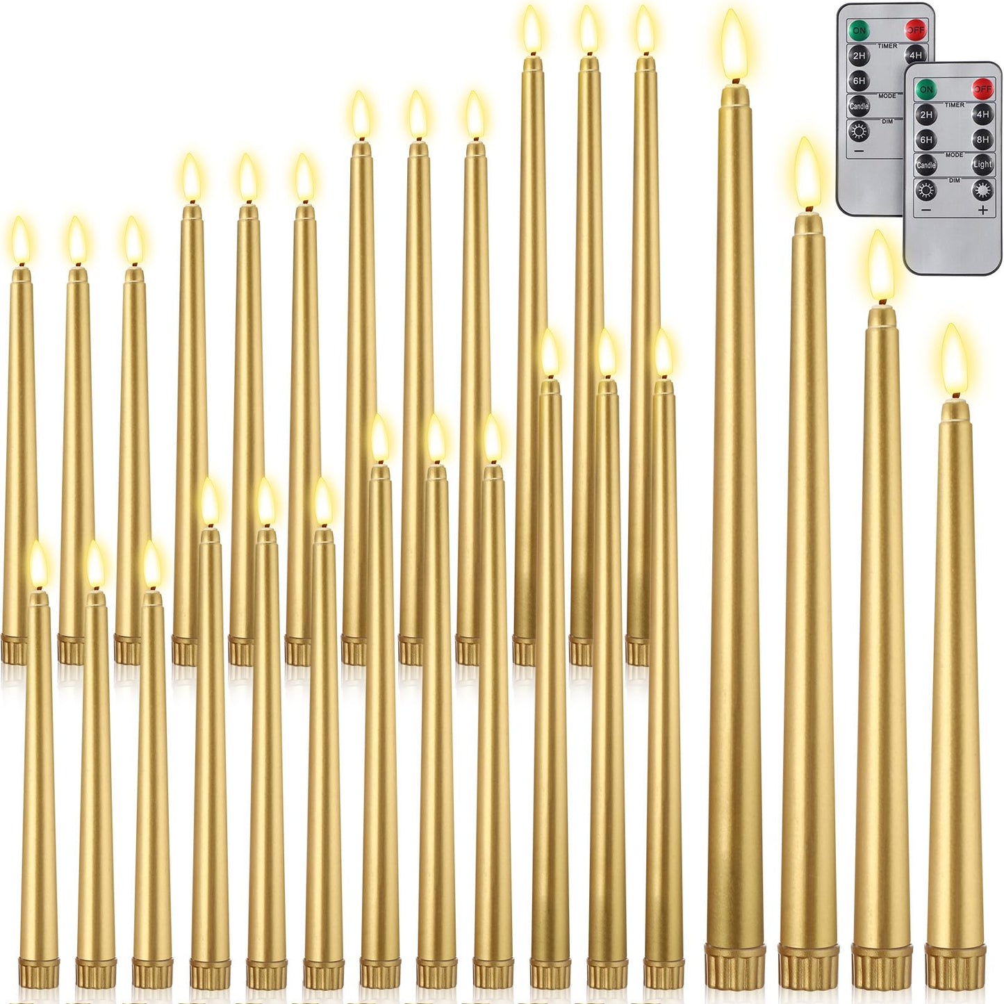 Rossesay 28 Pcs Flameless Taper Candles with Timer Remote 4 Sizes of 8.5", 9.6", 10.83", 12.8" LED Flickering Taper Candles Battery Operated for Valentine's Day Church Wedding Home Decor(Gold)