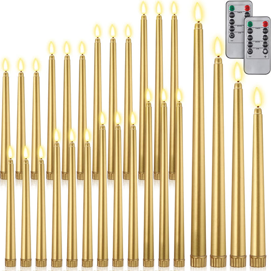 Rossesay 28 Pcs Flameless Taper Candles with Timer Remote 4 Sizes of 8.5", 9.6", 10.83", 12.8" LED Flickering Taper Candles Battery Operated for Valentine's Day Church Wedding Home Decor(Gold)