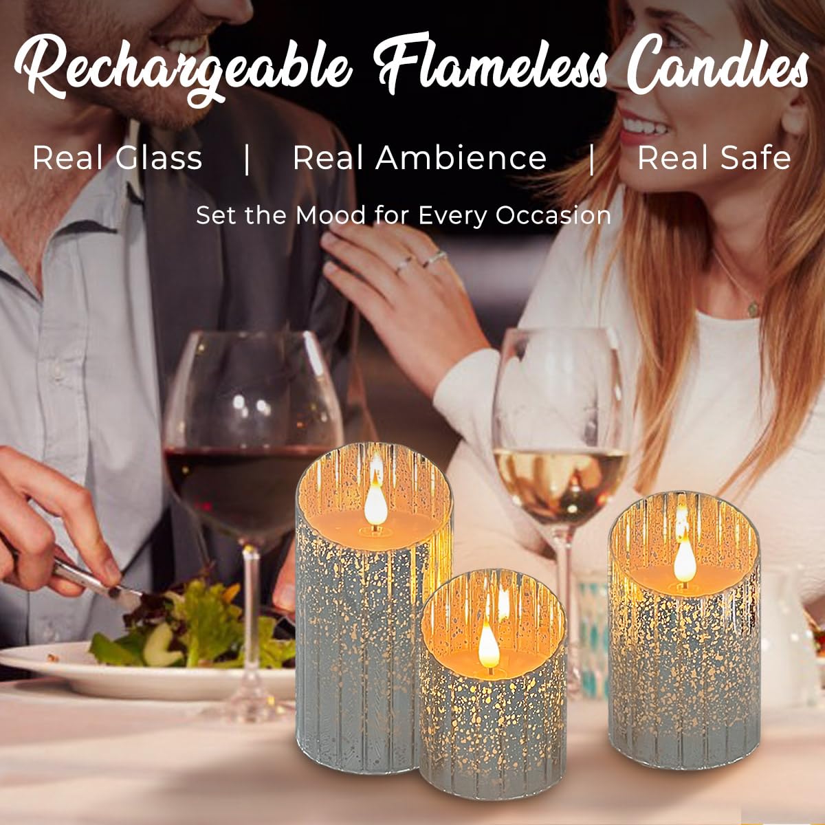 LEDHOLYT Rechargeable Flameless Candle, Flickering LED Pillar Glass Fake Candle with Remote and Timer, Built-in Battery Real Wax Electronic Candle for Room Decoration, Set of 3