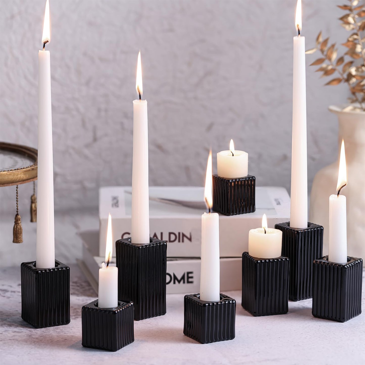 LETINE 12pcs Black Vertical Stripe Glass Candlestick Holders - Chic Taper Candle Sticks Holder Set for Elegant Dining & Home Decor - Ideal Candle Holders for Wall,Living Room,Bedroom, Kitchen Decor