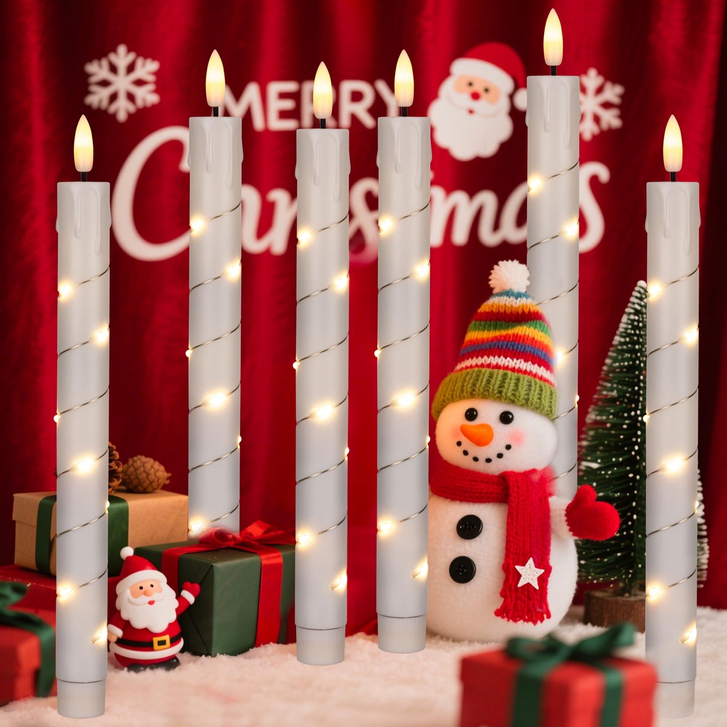 Flameless Taper Candles with Remote for Wedding Decorations，3D Flickering Flame Battery Operated LED Plastic Candles Arounded with Starlight String, Romantic Home Decoration, Pack of 6, White
