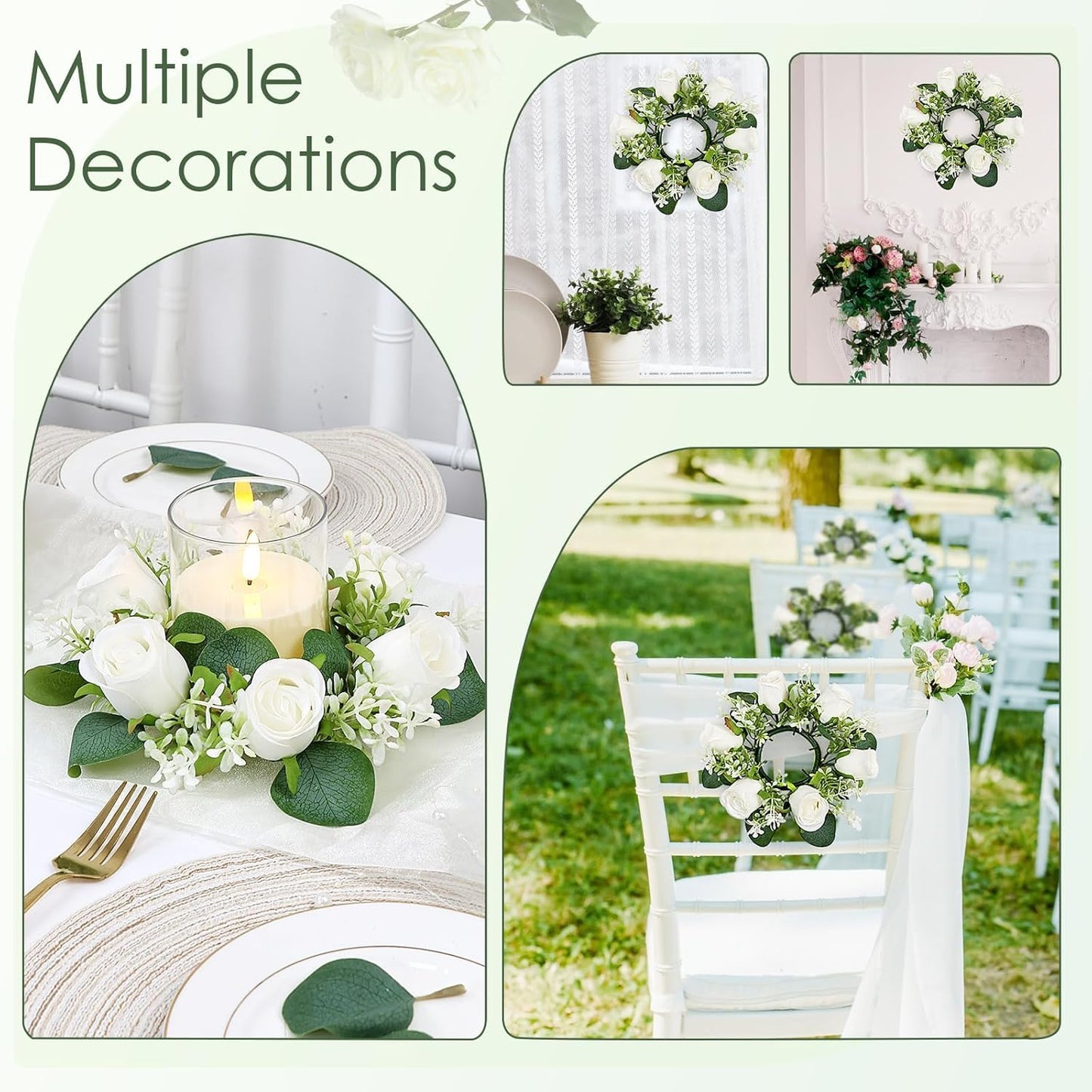 Acmee White Rose Candle Rings with Flameless Candles Sets - 24PCS Artificial Flower Eucalyptus Wedding Centerpiece 3 Inch Pillar Candleholders Wreaths for Wedding Party Decor (White - 12 Sets)