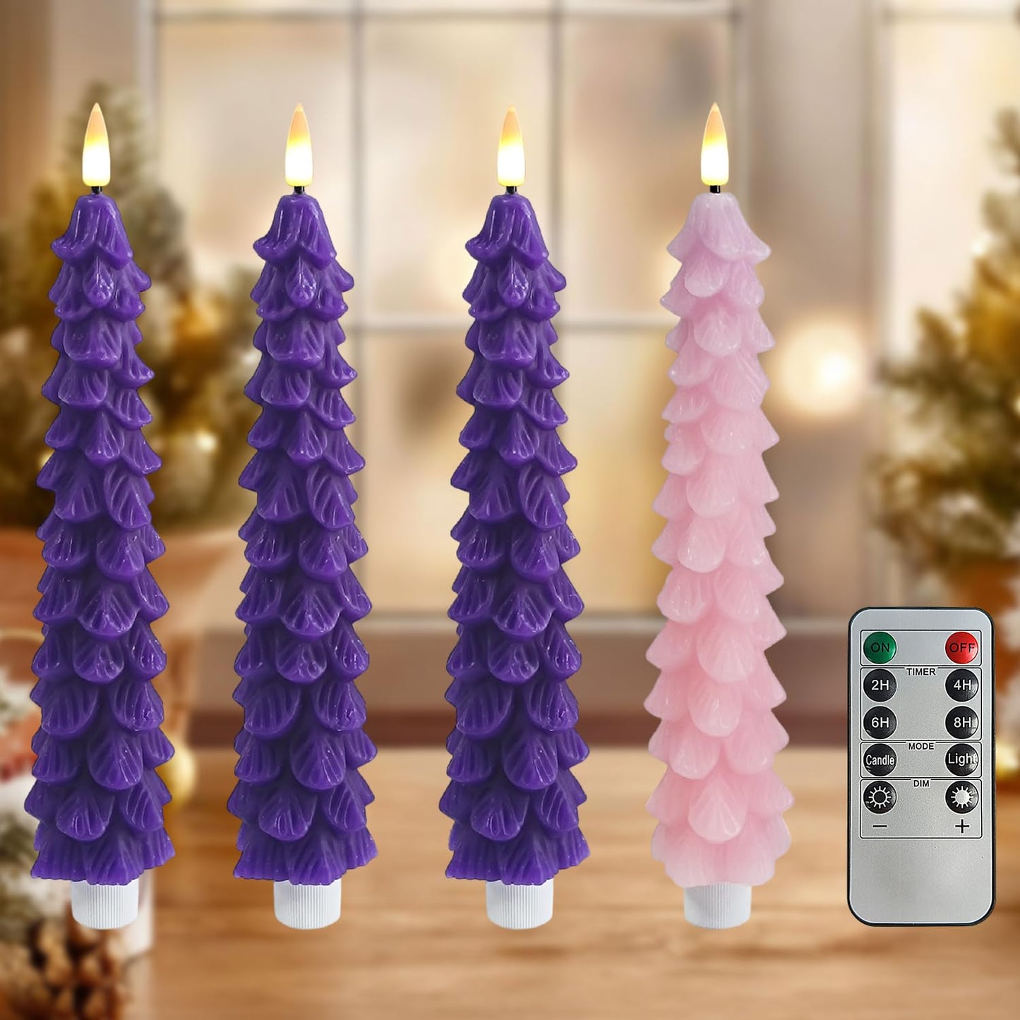 FCMSHAMD Advent Christmas Trees Flickering Flameless Candles with Remote and Timer, Real Wax 3D Flame Wick LED Candles, 9.8 Inch Battery Operated Candles for Christmas Home Decoration，4PCS