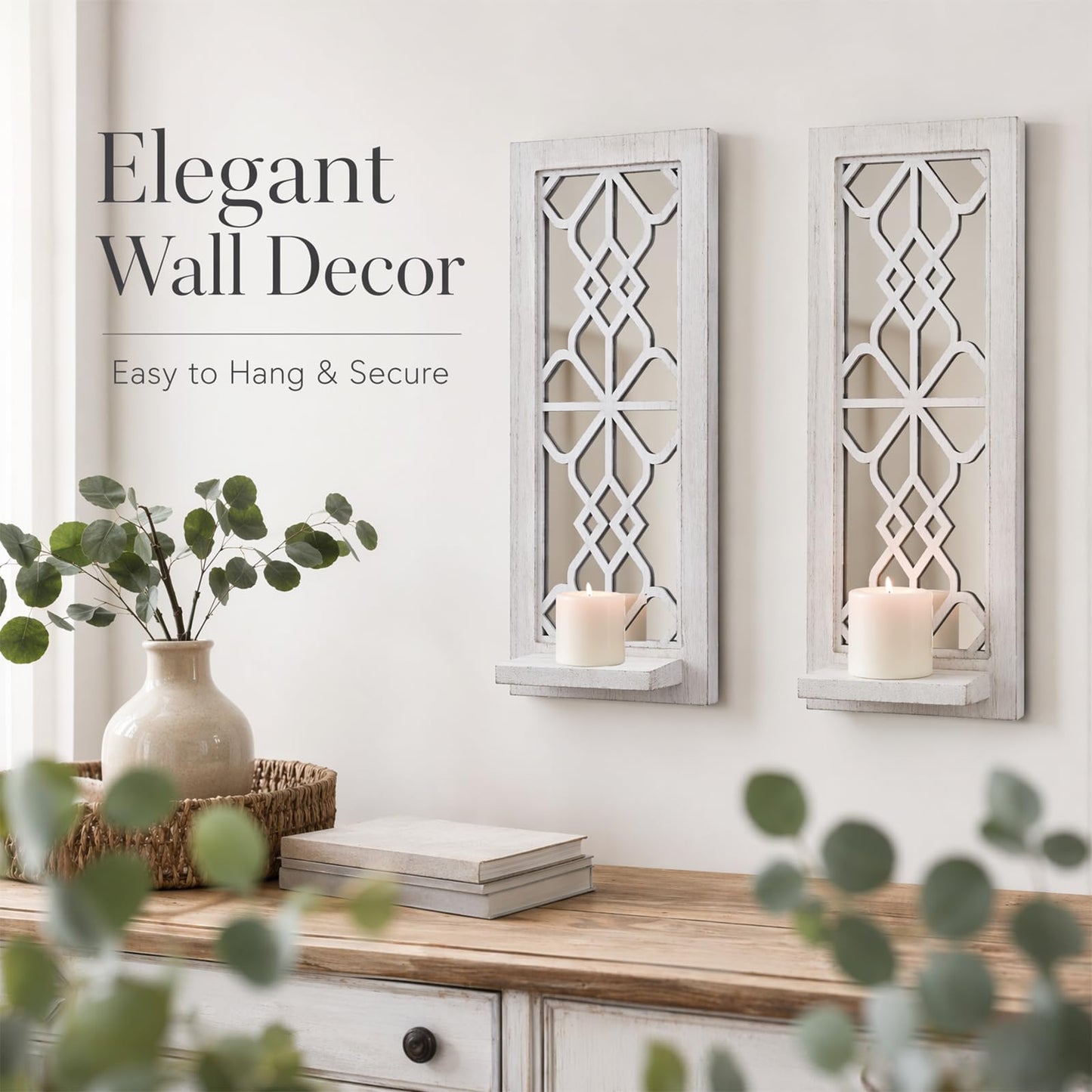 ZEXUIRU 2 Set Rustic Candle Sconces Living Room Bedroom Entryway Wood Mirrored, Farmhouse, Carved Frame Wall-Mount Wooden Candle Holders Wall Decor Hanging Handmade Holder - Distressed White