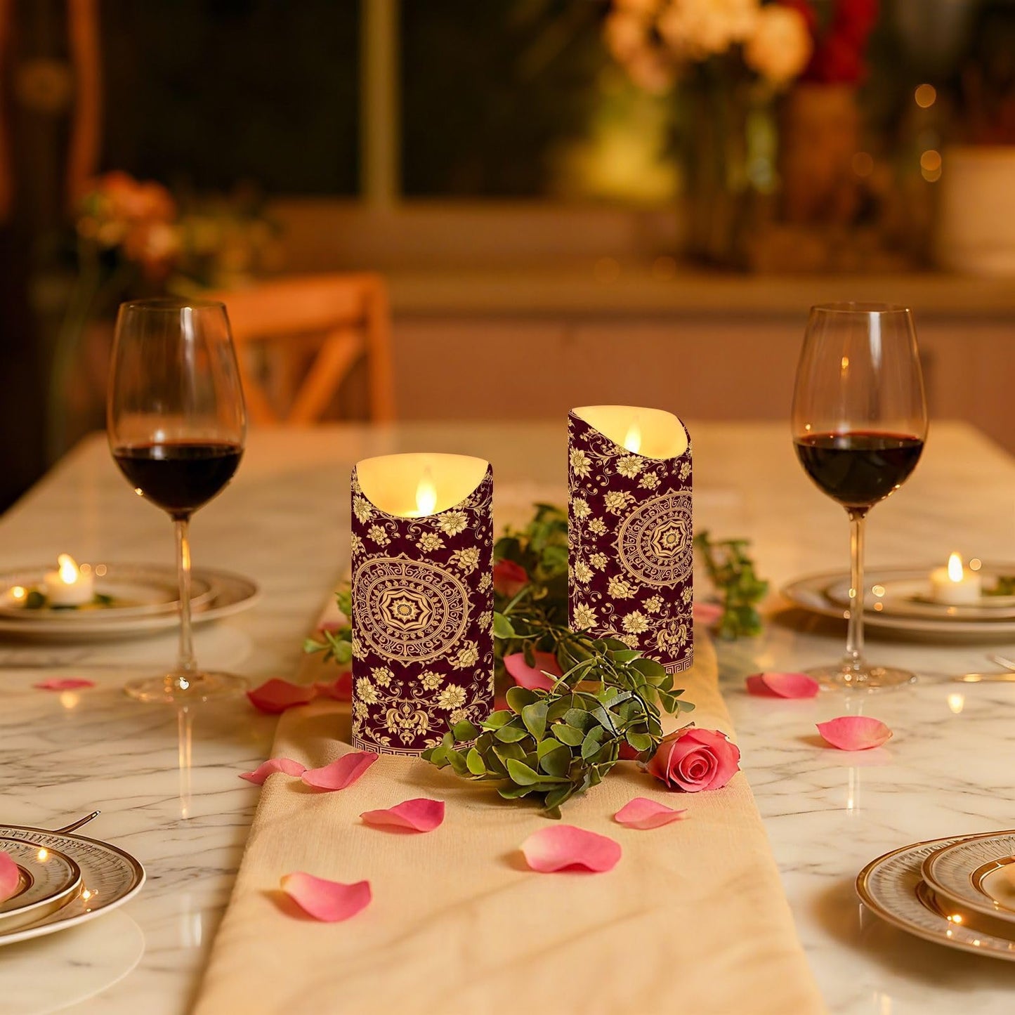 Gravopti Gold Floral Mandala 2 Pack Flameless LED Pillar Candles with Remote & Timer, Battery Operated, Flickering Wax Candle for Wedding, Romantic Home & Party Decor