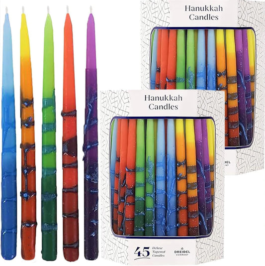 10-Pack Dripless Hanukkah Candles, Multicolored Striped Deluxe Tapered Decorations, Chanukkah Menorah Candles for All 8 Nights of Chanukah, 60 Minute Burn Time
