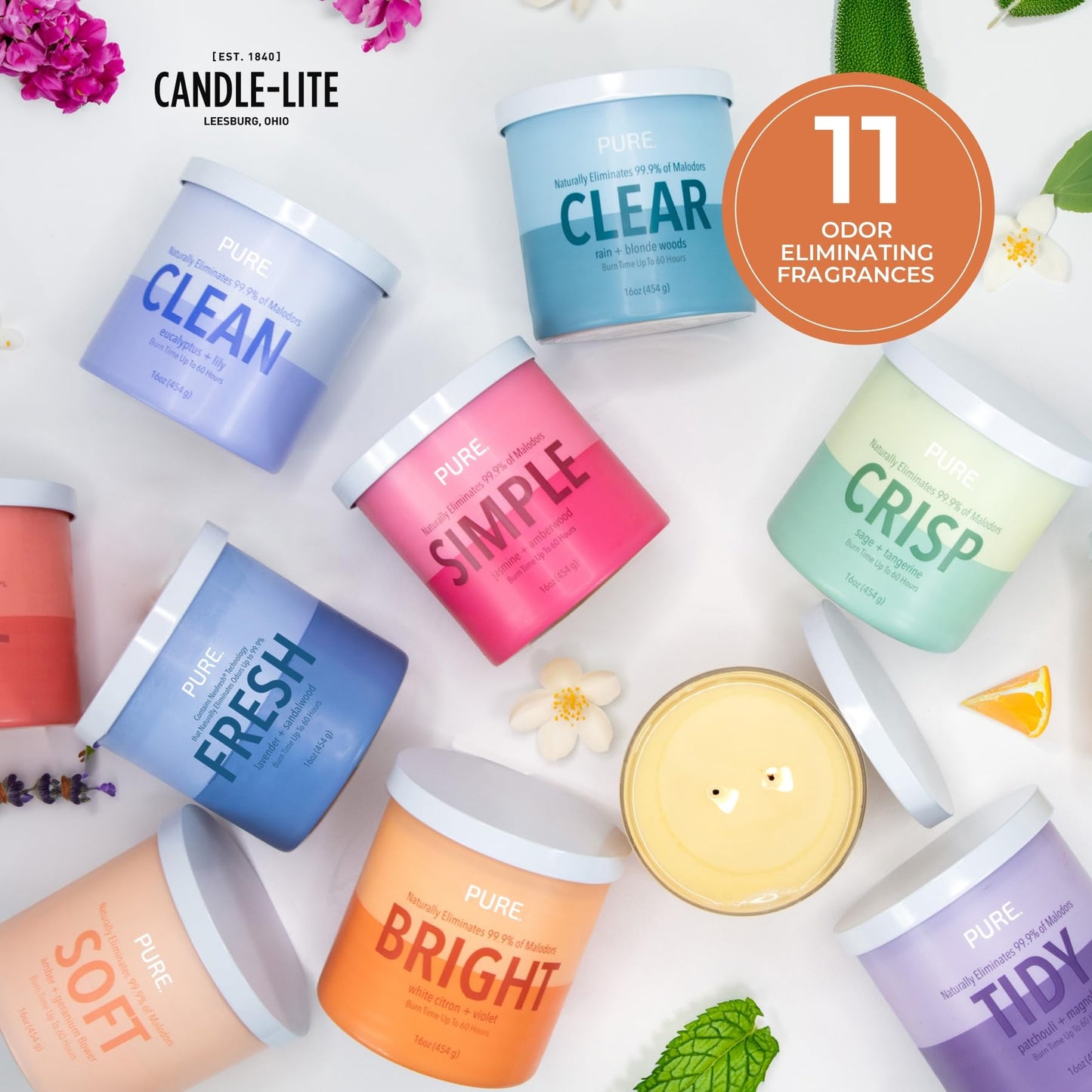 Candle-Lite Pure White Citron & Violet Odor Eliminating Scented Candles, Neofresh Technology Eliminates 99.9% of Odors, 16 oz 2-Wick Jar, Proudly Poured in The USA, Up to 60 Hours Burn Time