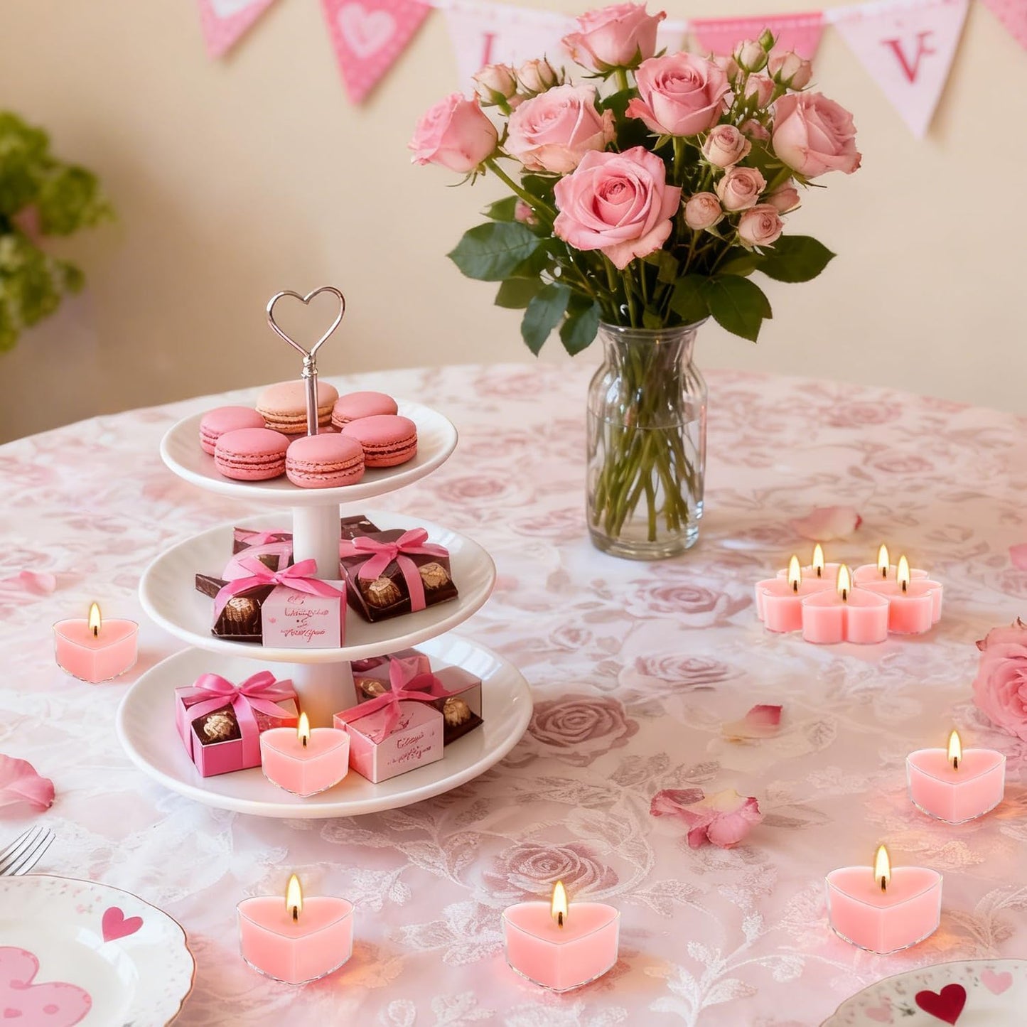 50-Pack Pink Heart Tea Wax (4-Hour Burn) - Rose-Scented Candles for Valentine's Day, Anniversaries, Weeding,Pool Parties & Romantic Decor & Special Occasions.