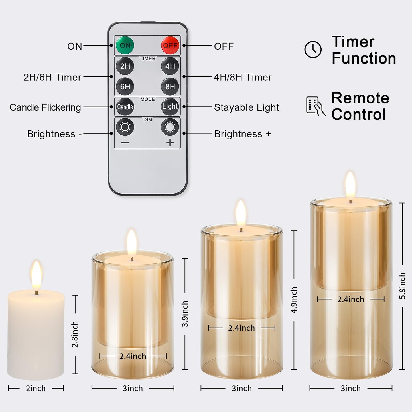 NURADA Flameless Candles with Remote Timer - Glass Real Wax 3D Wick LED Pillar Votive Candle Set Battery Operated Flickering Light for Home Christmas Decoration - Gold 3 Pack