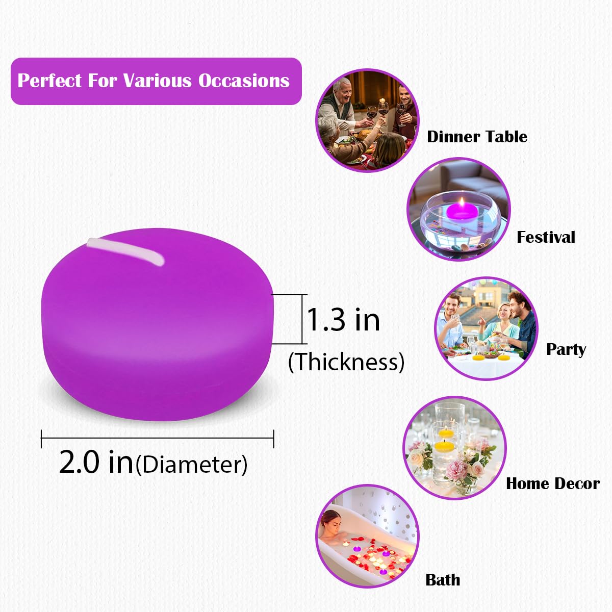 24 Packs 2 Inch Purple Colored Floating Candles, Small Unscented Dripless Pool Water Wax Candles for Cylinder Vase, Table Centerpiece at Wedding, Party, Pool, Holiday - 6 Hour Burn Time