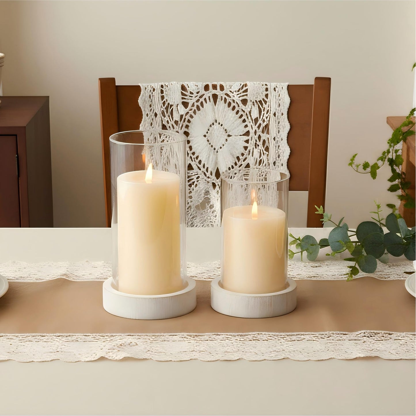 Ronasip Set of 2 Hurricane Candle Holders with Wood Base & Glass Cylinder (4.2x5.9” & 4.6x7.8”) – Rustic Wooden Candle Holders for Home Decor, Weddings, Table Centerpieces (2, White)
