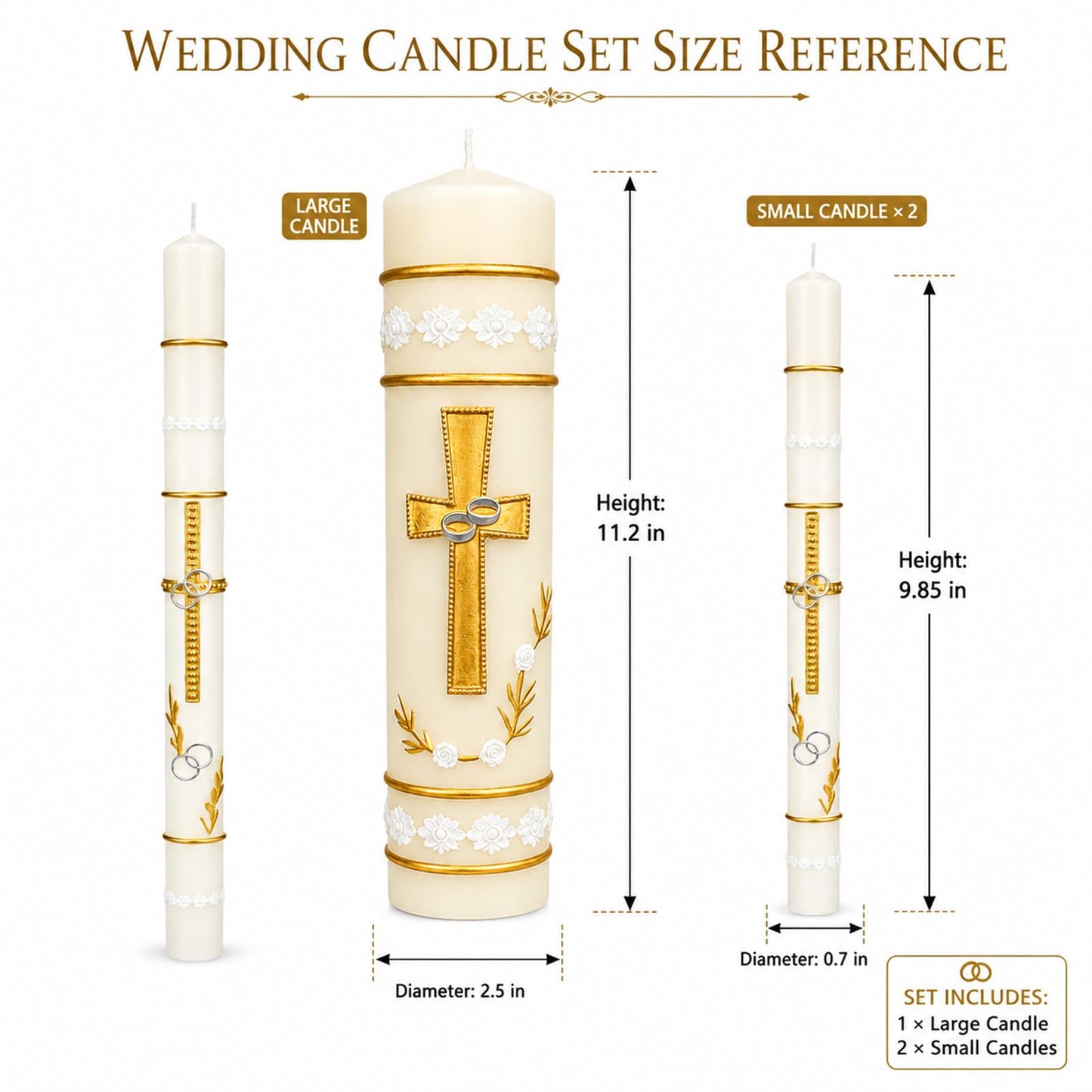Unity Candles for Wedding Ceremony Set,Wedding Candles 1 Pillar 11.5 Inch and 2 Taper 10 Inch Set 3,Catholic Religious Ceremony Accessories,Velas para Boda (Cross & Rings)