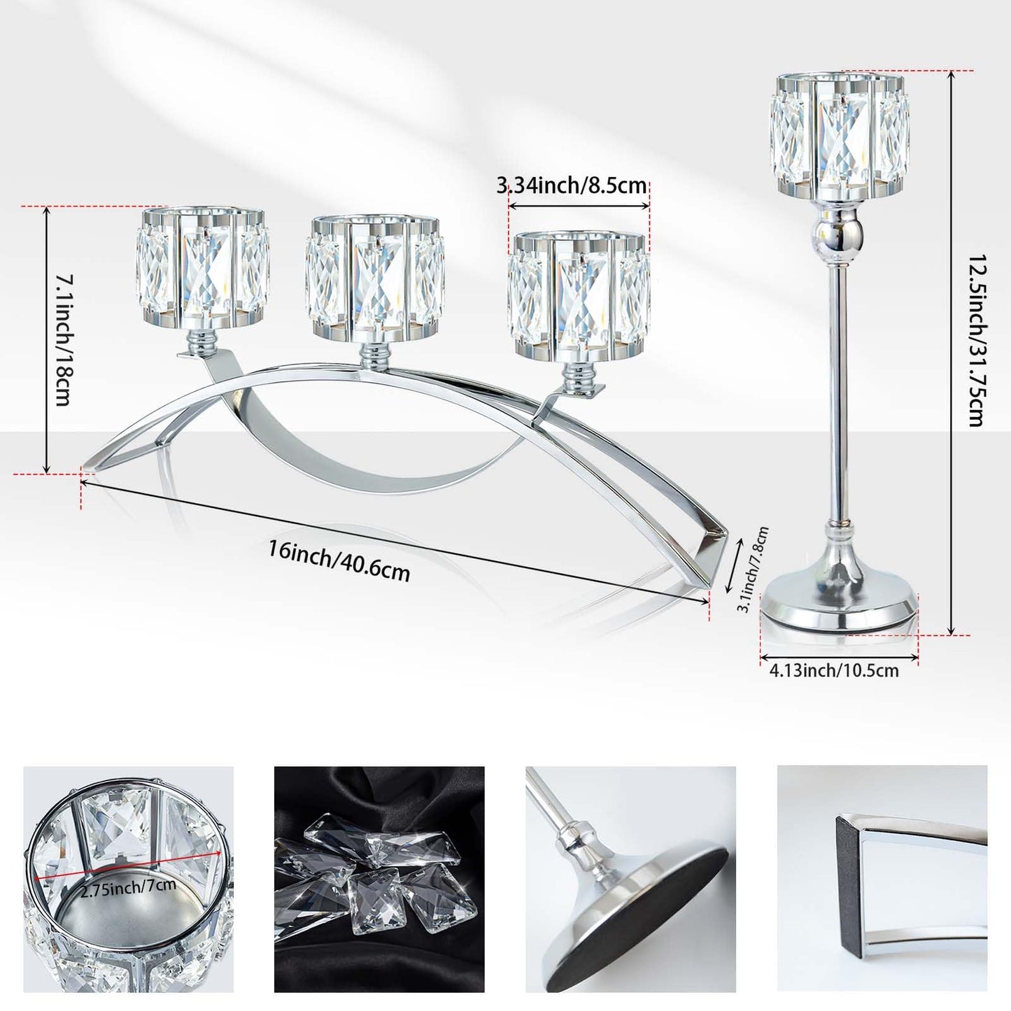 3 Arms Crystal Bowl Tealight Candelabra Votive Candle Stand, Wedding centerpieces for Tables Crystal Candlestick，Centerpiece Table Decorations (Set of Silver)