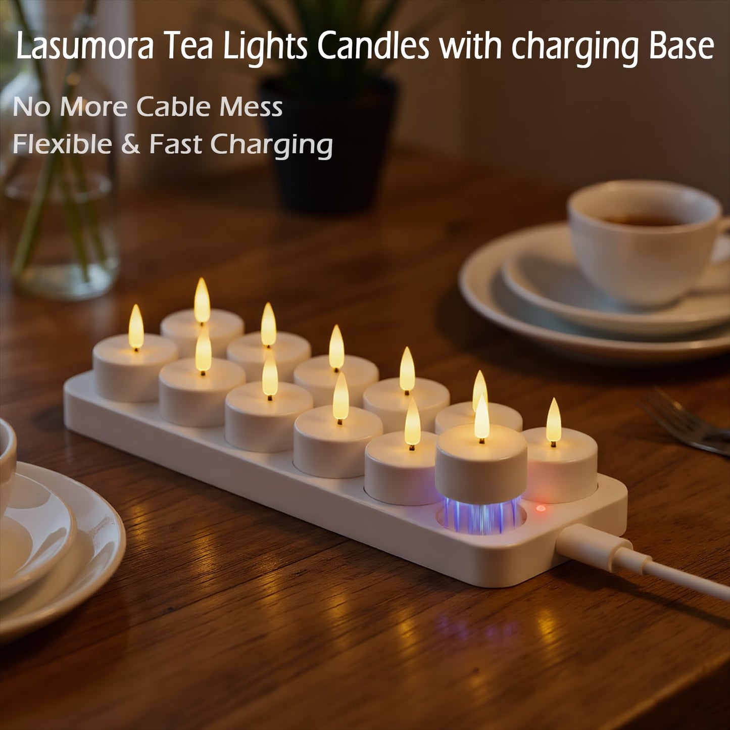 Lasumora Rechargeable Tea Lights Candles with Remote Timer & Charging Base, 12pcs Battery Operated LED Candles Tea Lights Flameless for Halloween Decorations Wedding Home DecorΦ 1.57" H 1.85"