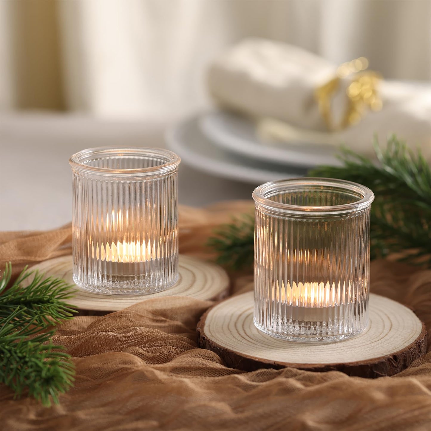 NITIME 32Pcs Ribbed Votive Candle Holders, Clear Tea Light Candle Holder for Wedding Table Decor, Glass Candle Holder for Bridal Shower Decor, Home and Holiday Decor