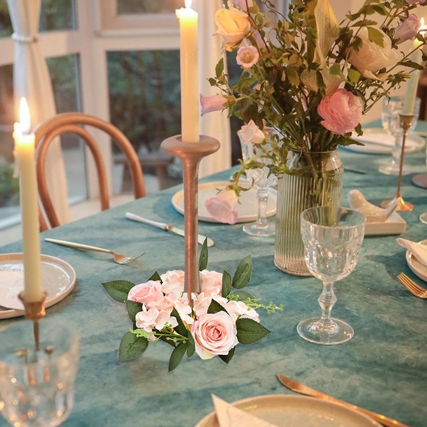 2PCS Artificial Roses Candle Rings Wreaths 4 Inch Center for Pillars Wedding Centerpiece Table Decorations Fake Rose Eucalyptus Leaves Floral Candle Ring for Holiday Party Supplies (Pink)