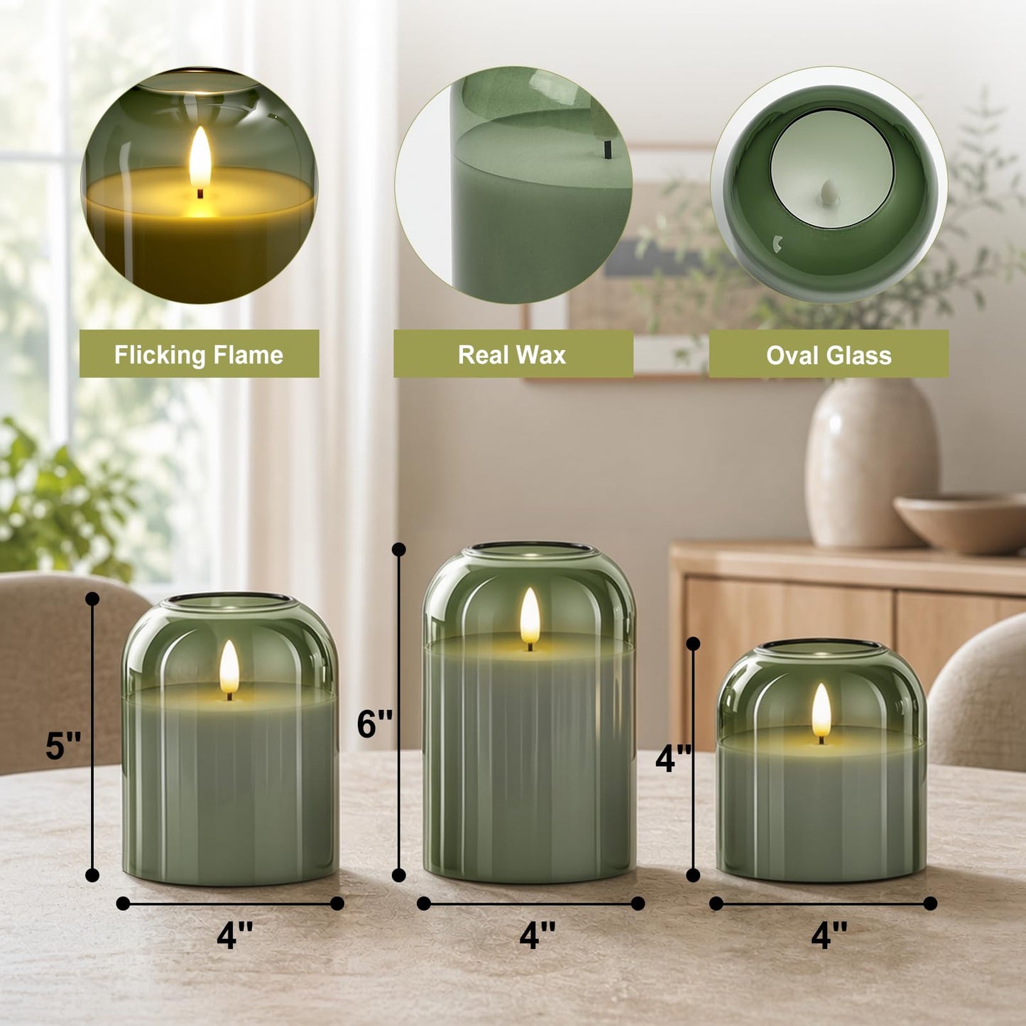 Mid Century Modern & Boho Home Decor, 3-Pack Olive Green Glass Battery Operated Candles, Flameless LED Pillar Candles with Remote & Timer, Realistic Flickering 3D Wick for Mantel, Shelf, Entryway