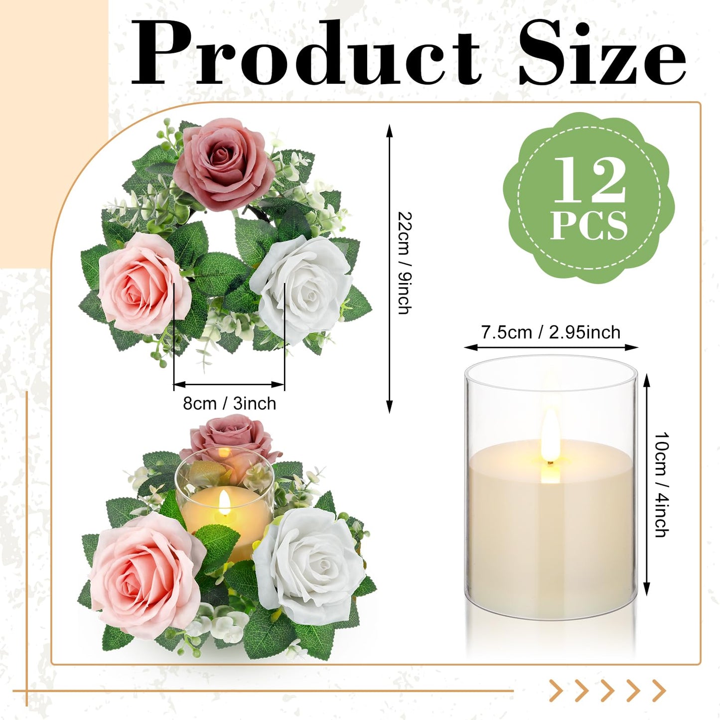 Yunlly 12 Pcs Rose Candle Rings with Flameless Candles Sets, Artificial Flower Eucalyptus Wedding Centerpiece 3 Inch Pillar Candleholders Wreaths for Wedding Party Mother's Day (Pink，White)