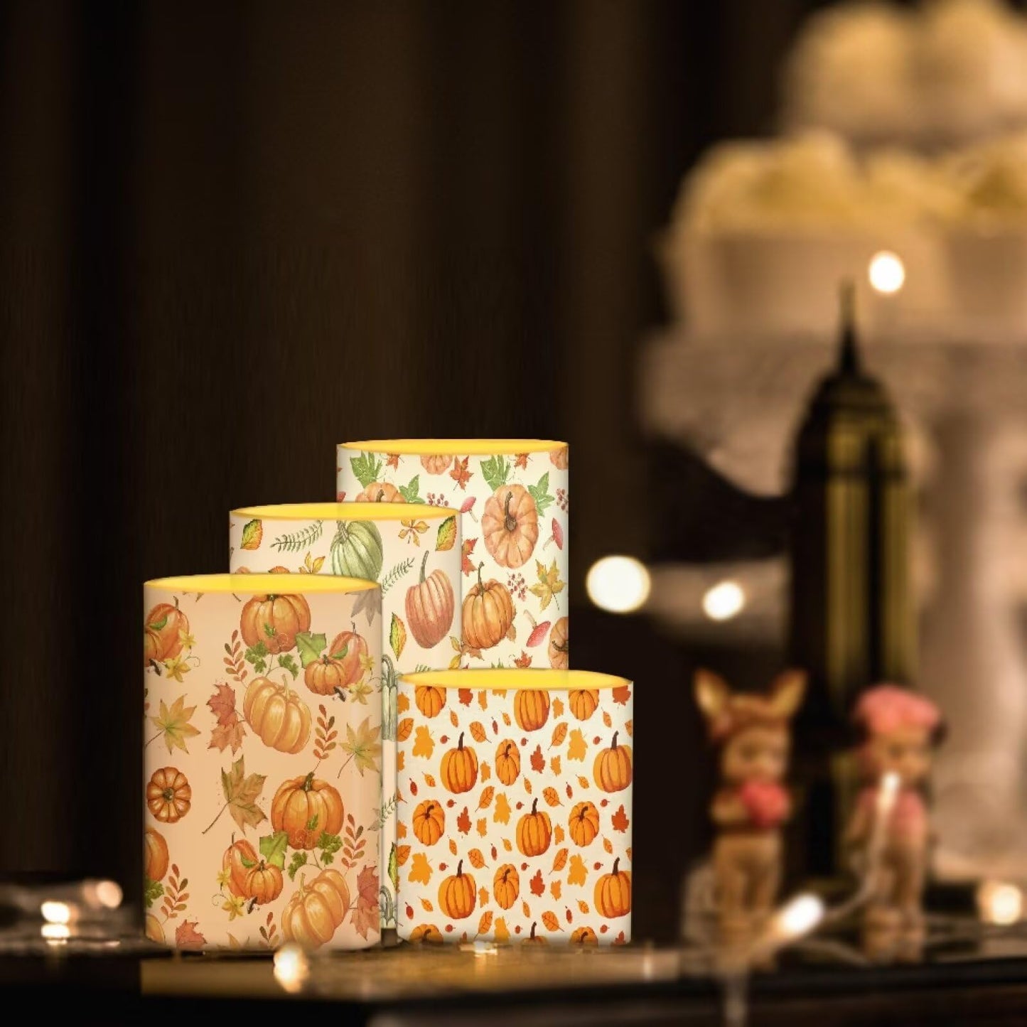 NETILGEN Thanksgiving Day Decor Flameless Electric Candles LED Pillar Candles with Remote Timer Control for Home Decoration, 4 Pcs, Autumn Harvest Pumpkins Print