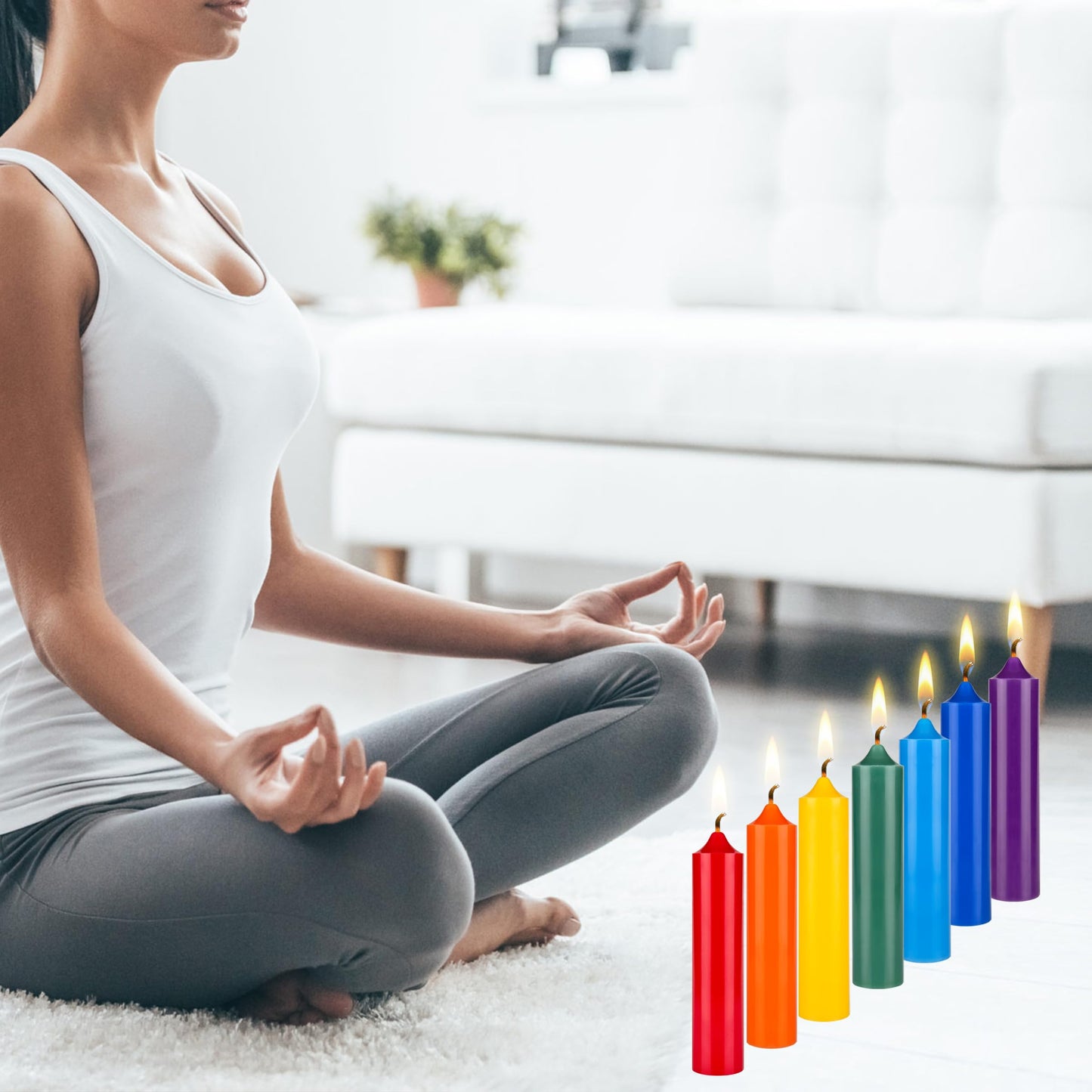 Mega Candles 7 pcs Unscented Bell Top Pillar Chakra Candles, Hand Poured Premium Wax Candle 1.5 Inch x 6.75 Inch, 100% Cotton Wick, Positive Healing Energy, Meditation, Relaxation, Reiki, Yoga